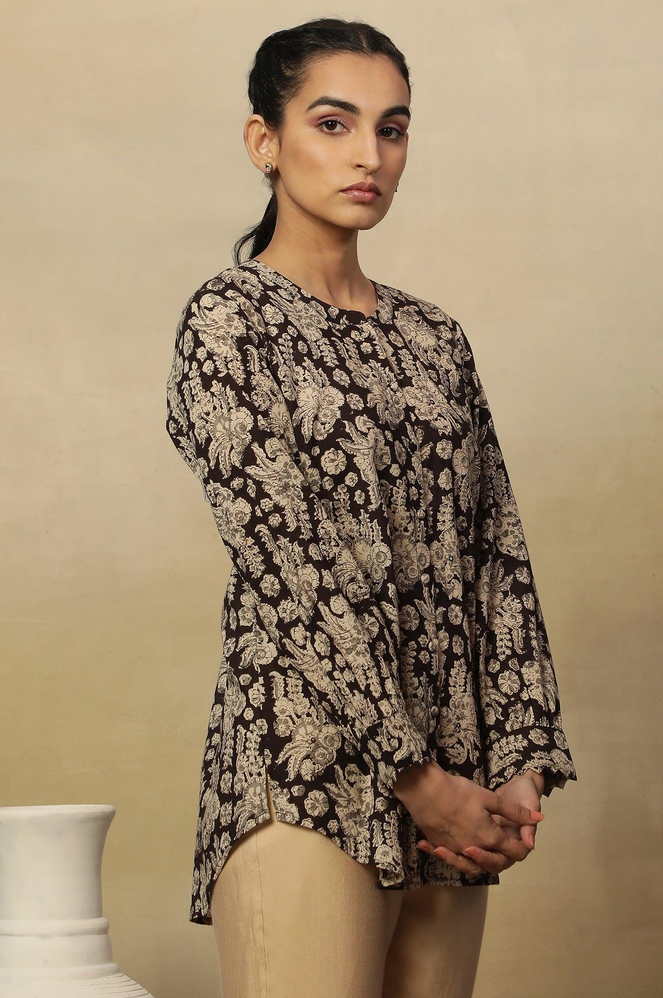 Brown Block Print Top In Cotton Voile - wforwoman