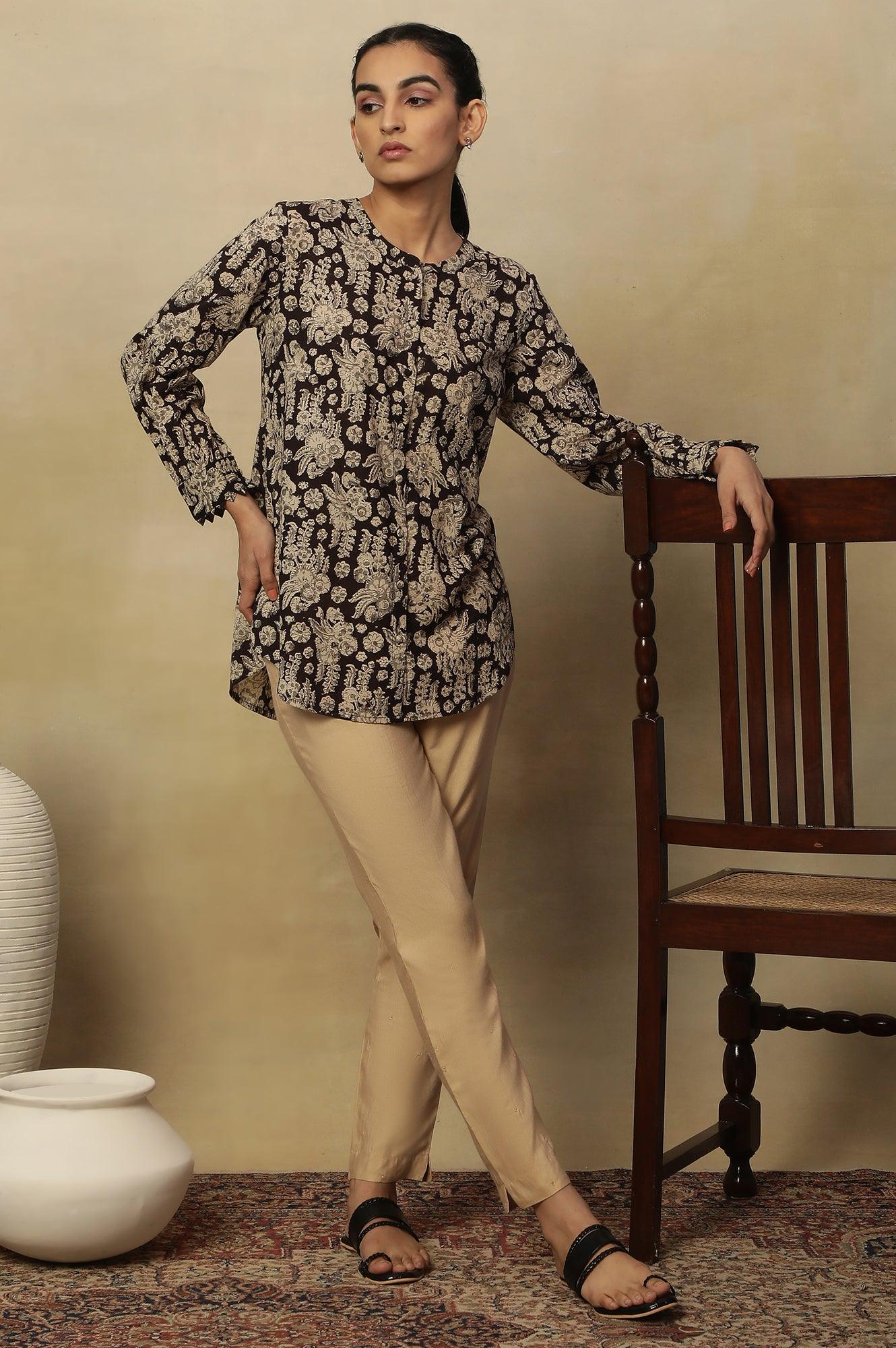 Brown Block Print Top In Cotton Voile - wforwoman