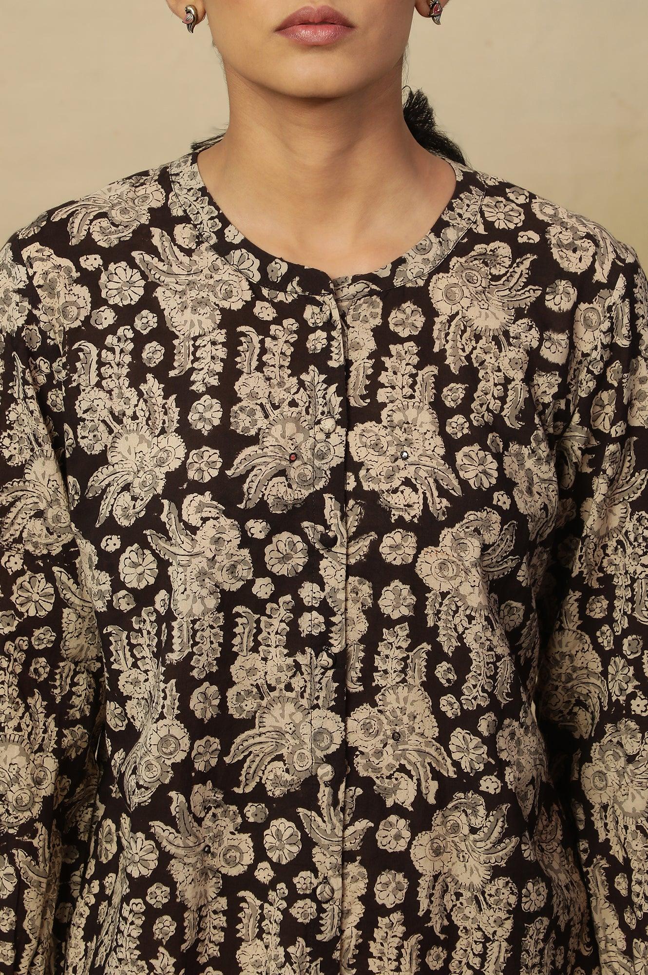 Brown Block Print Top In Cotton Voile - wforwoman