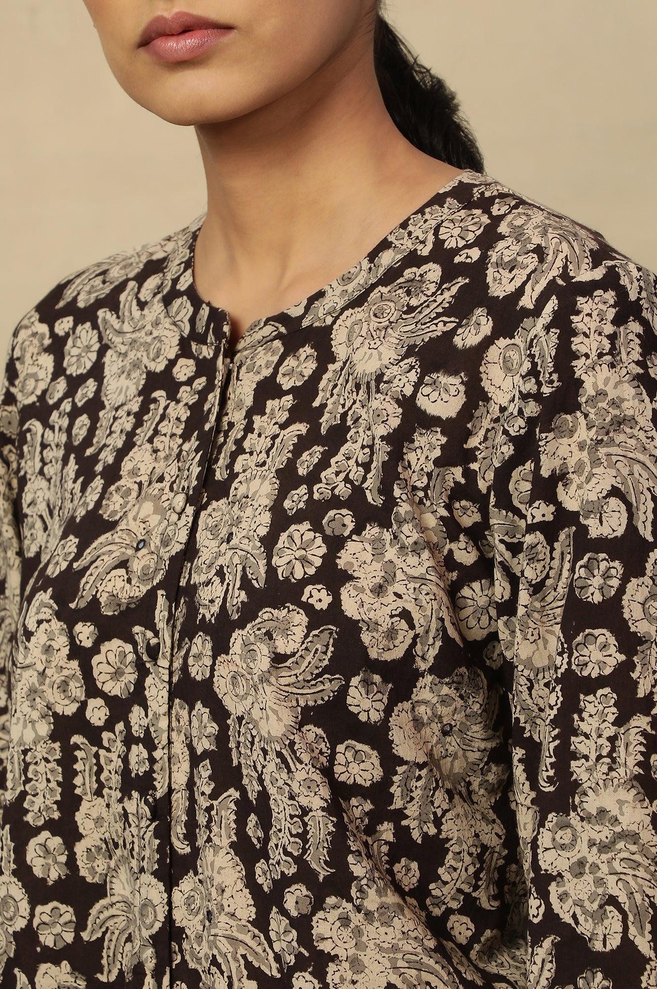 Brown Block Print Top In Cotton Voile - wforwoman