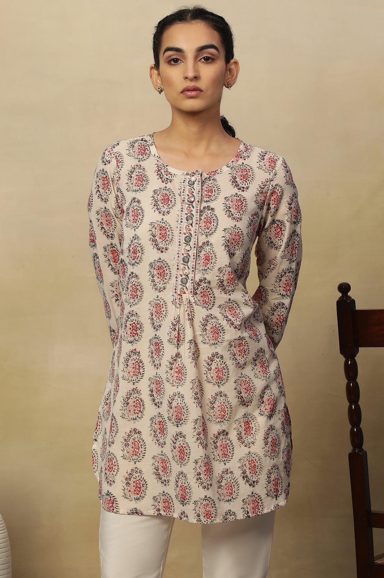 Ecru Block Print Round Neck Top In Cotton Voile - wforwoman