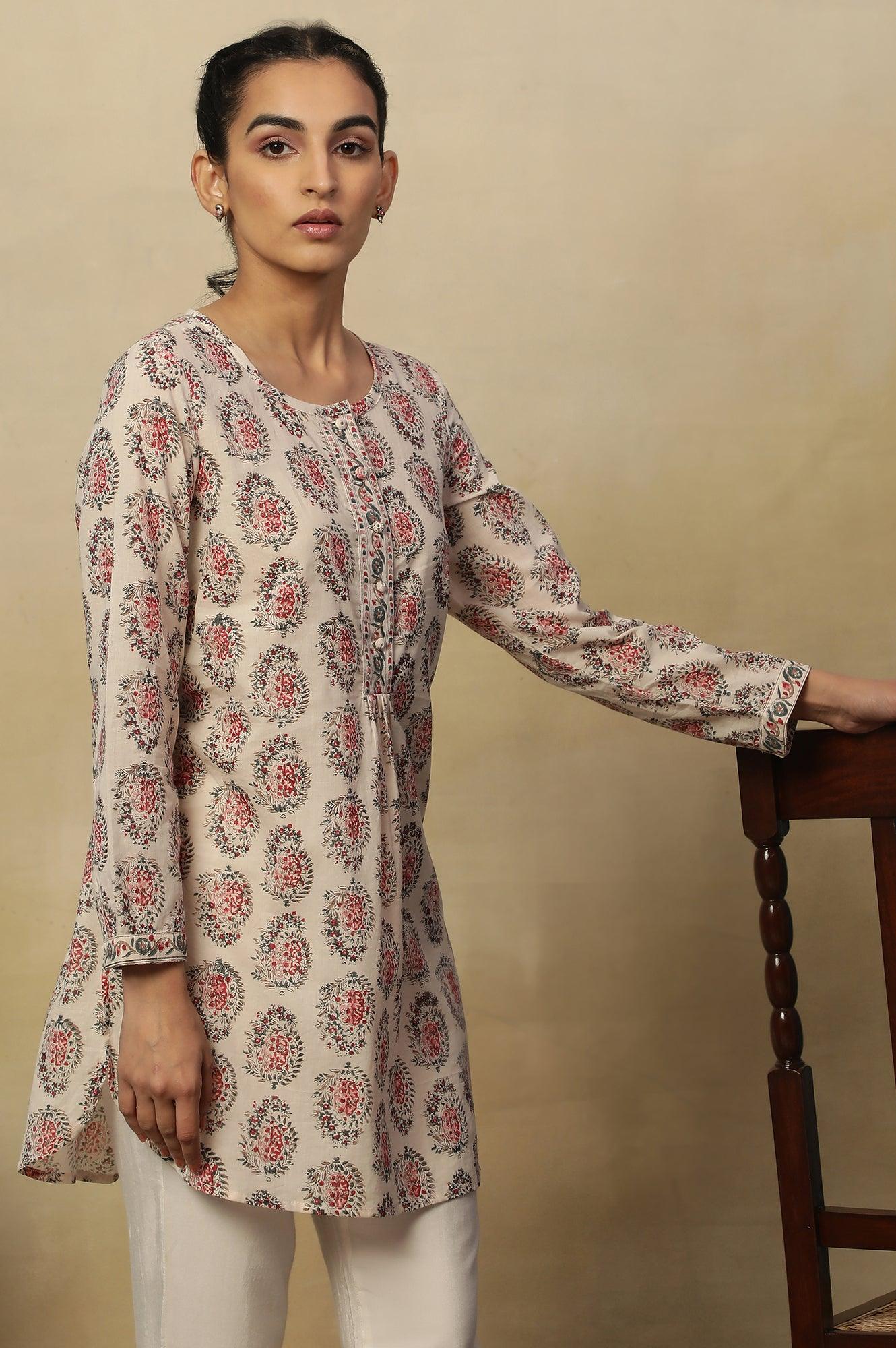 Ecru Block Print Round Neck Top In Cotton Voile - wforwoman