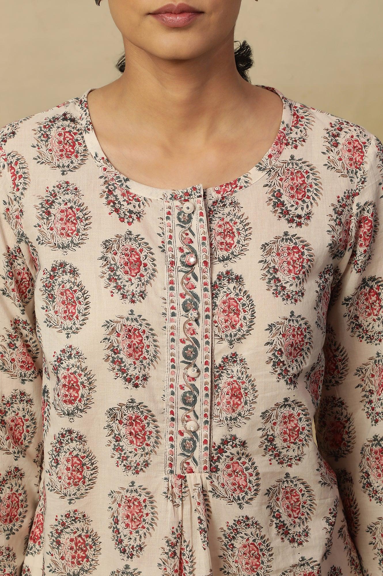 Ecru Block Print Round Neck Top In Cotton Voile - wforwoman