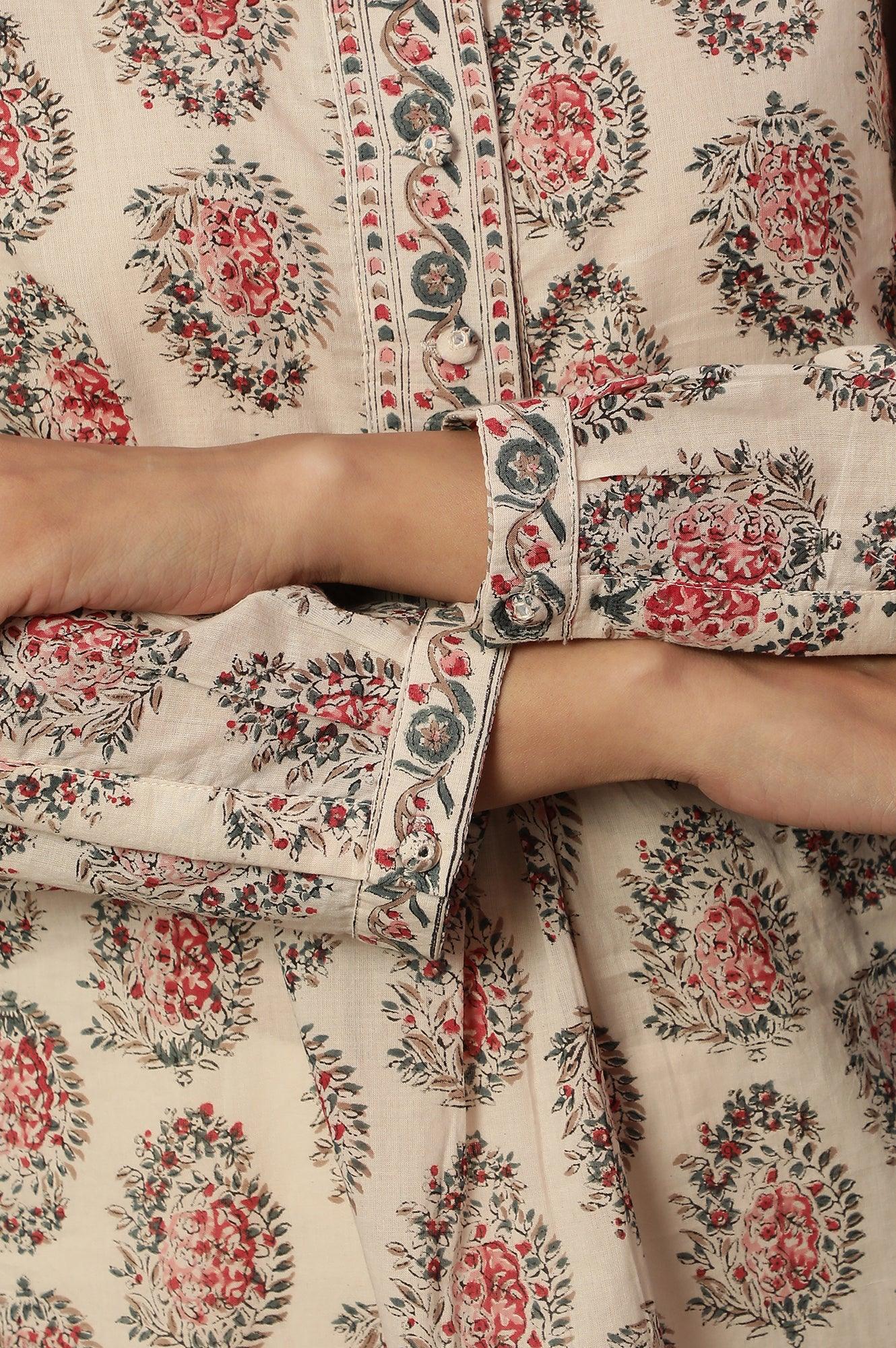 Ecru Block Print Round Neck Top In Cotton Voile - wforwoman