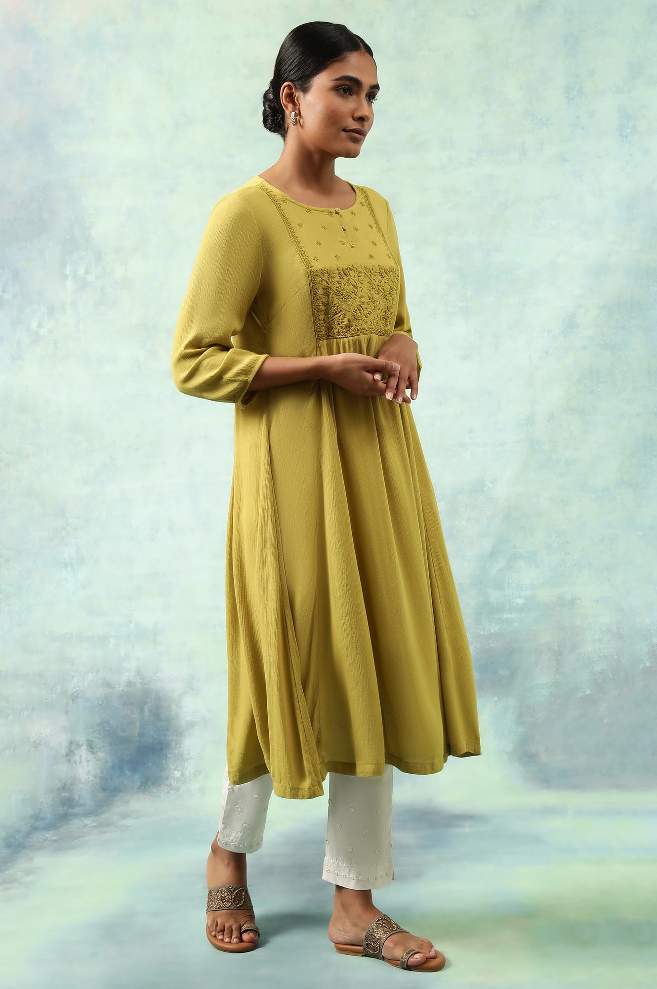 Green Flared Chikankari kurta In Rayon Crepe