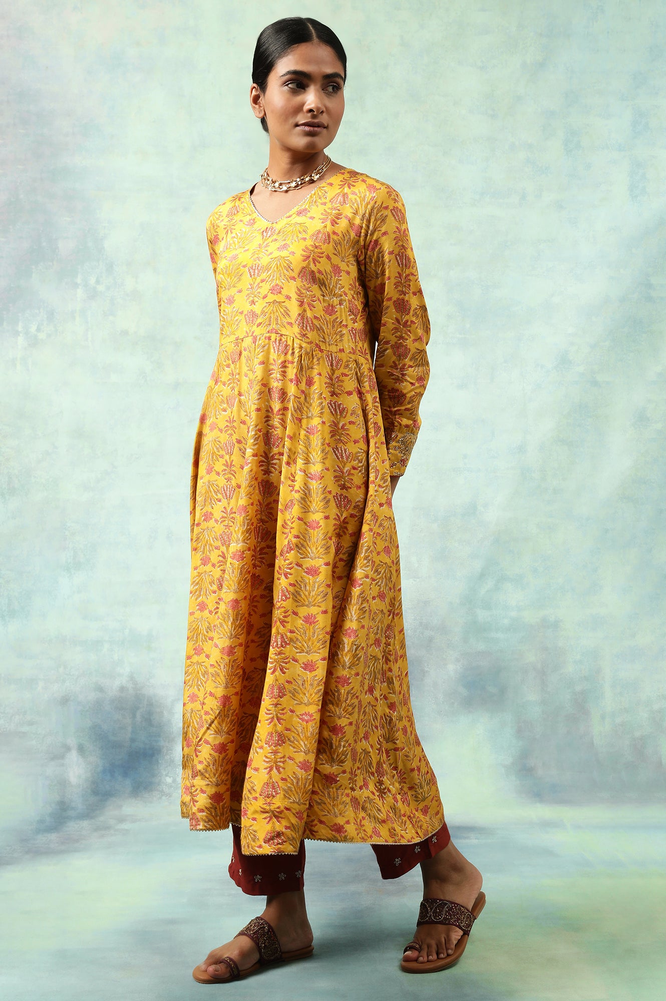 Yellow Hand Block Print Anarkali kurta