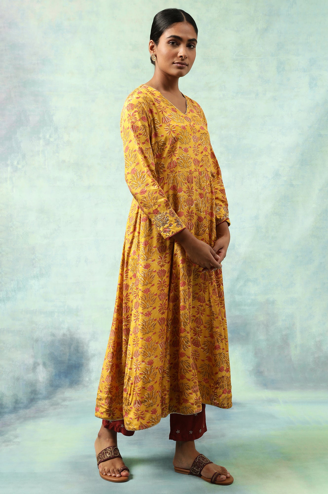 Yellow Hand Block Print Anarkali kurta