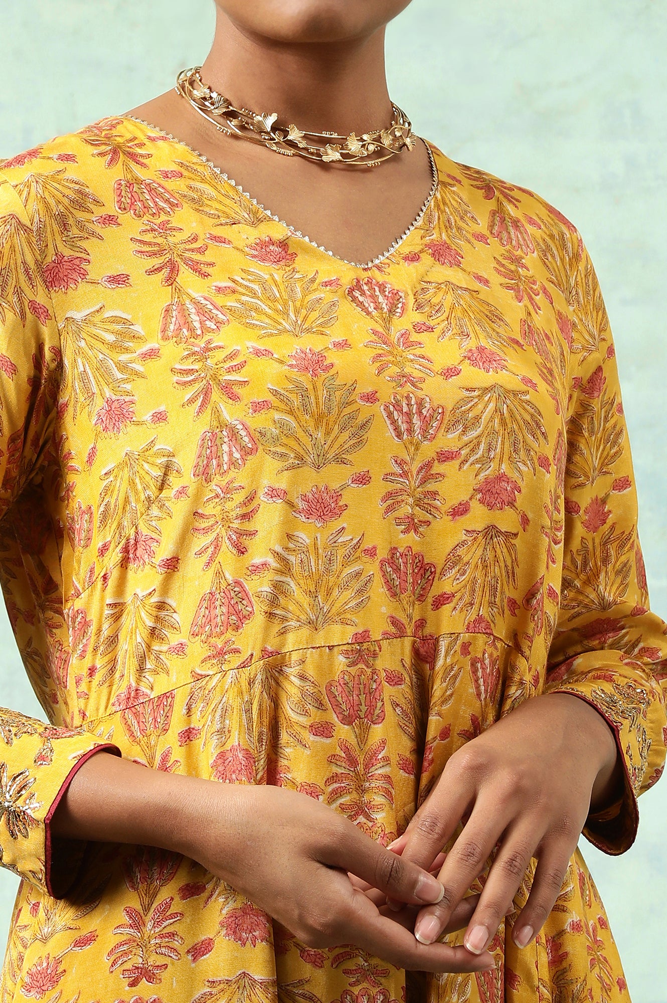 Yellow Hand Block Print Anarkali kurta