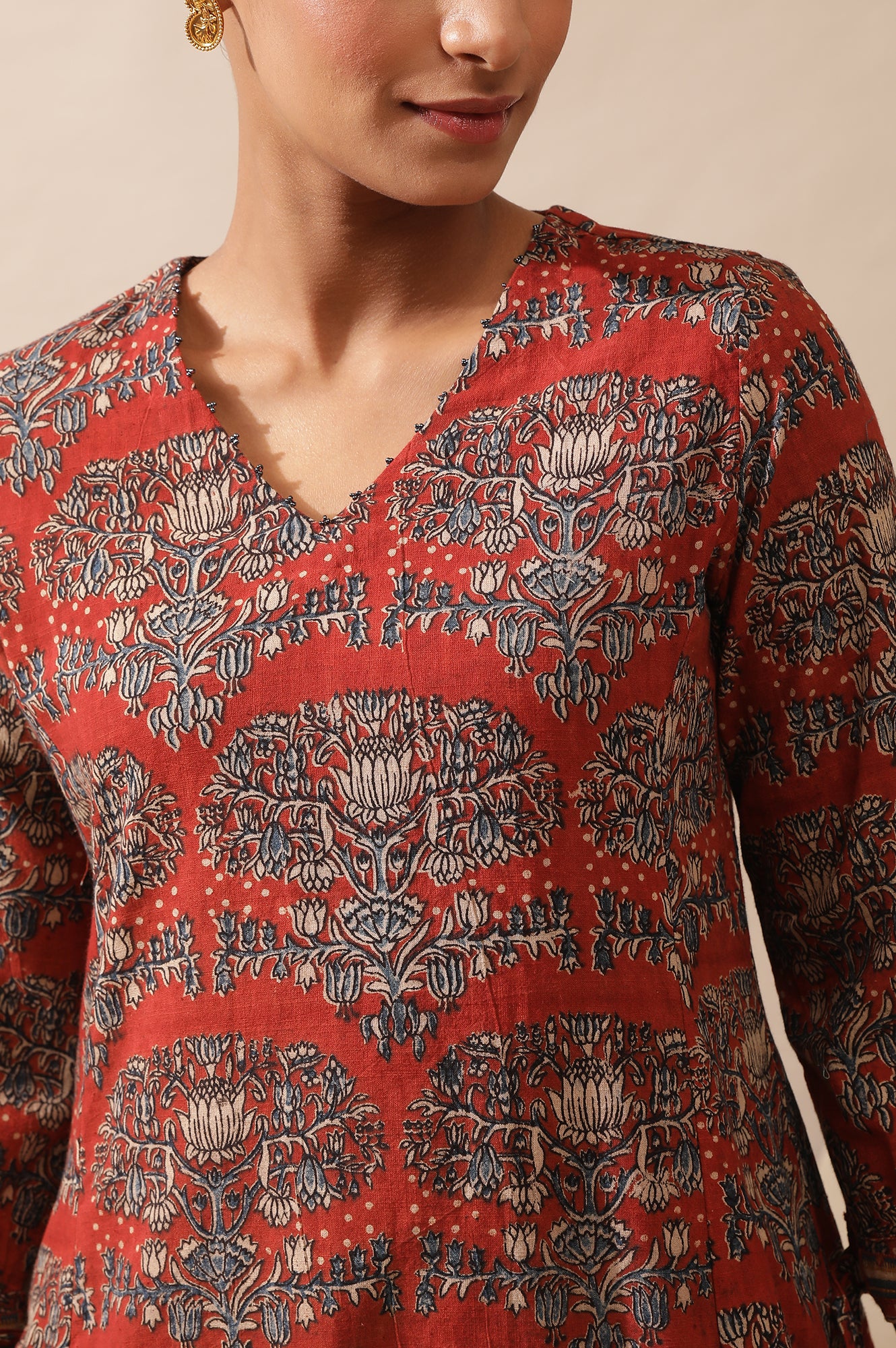 Red Hand Block Print Kurta In Cotton Slub