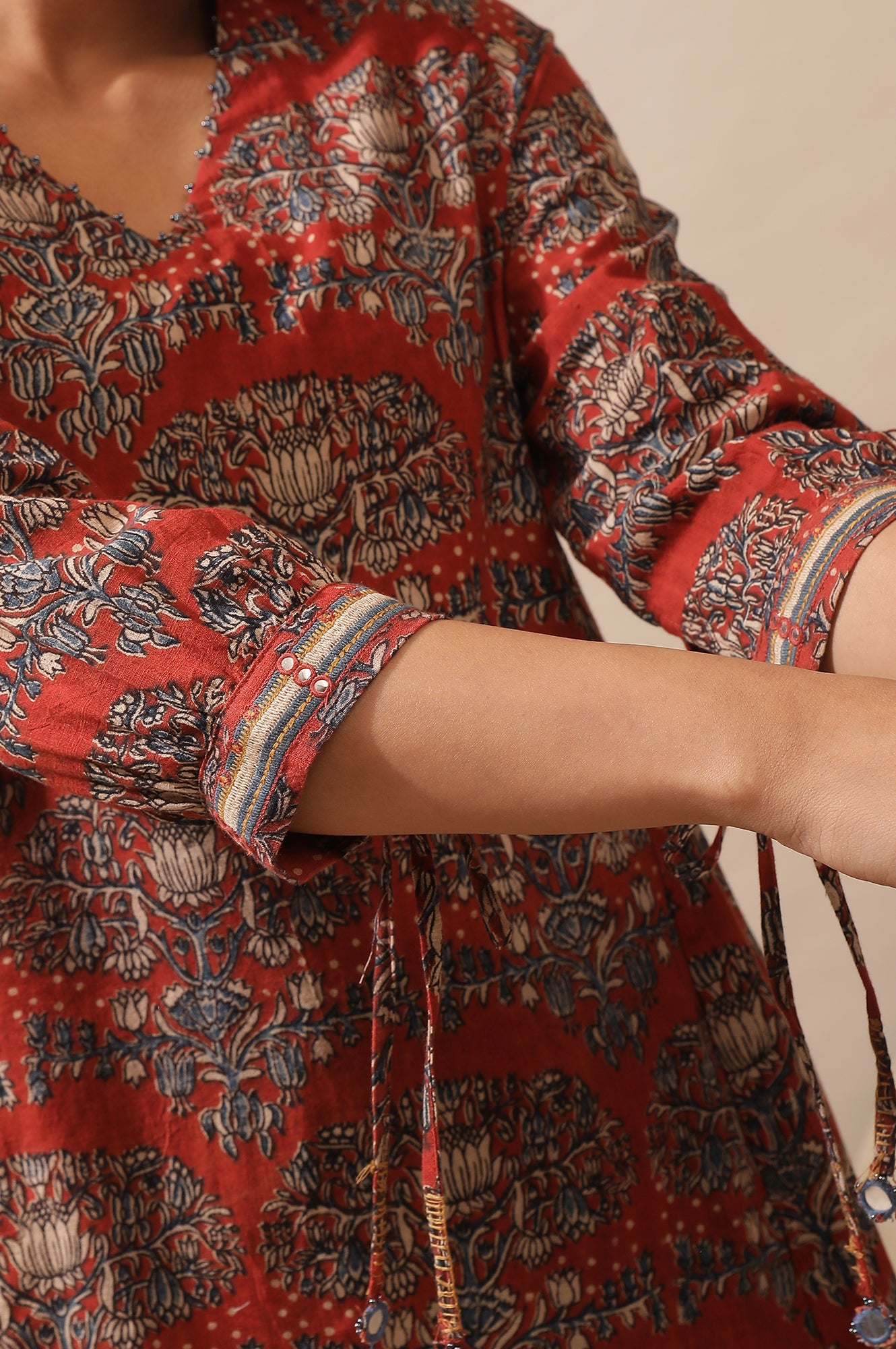 Red Hand Block Print Kurta In Cotton Slub
