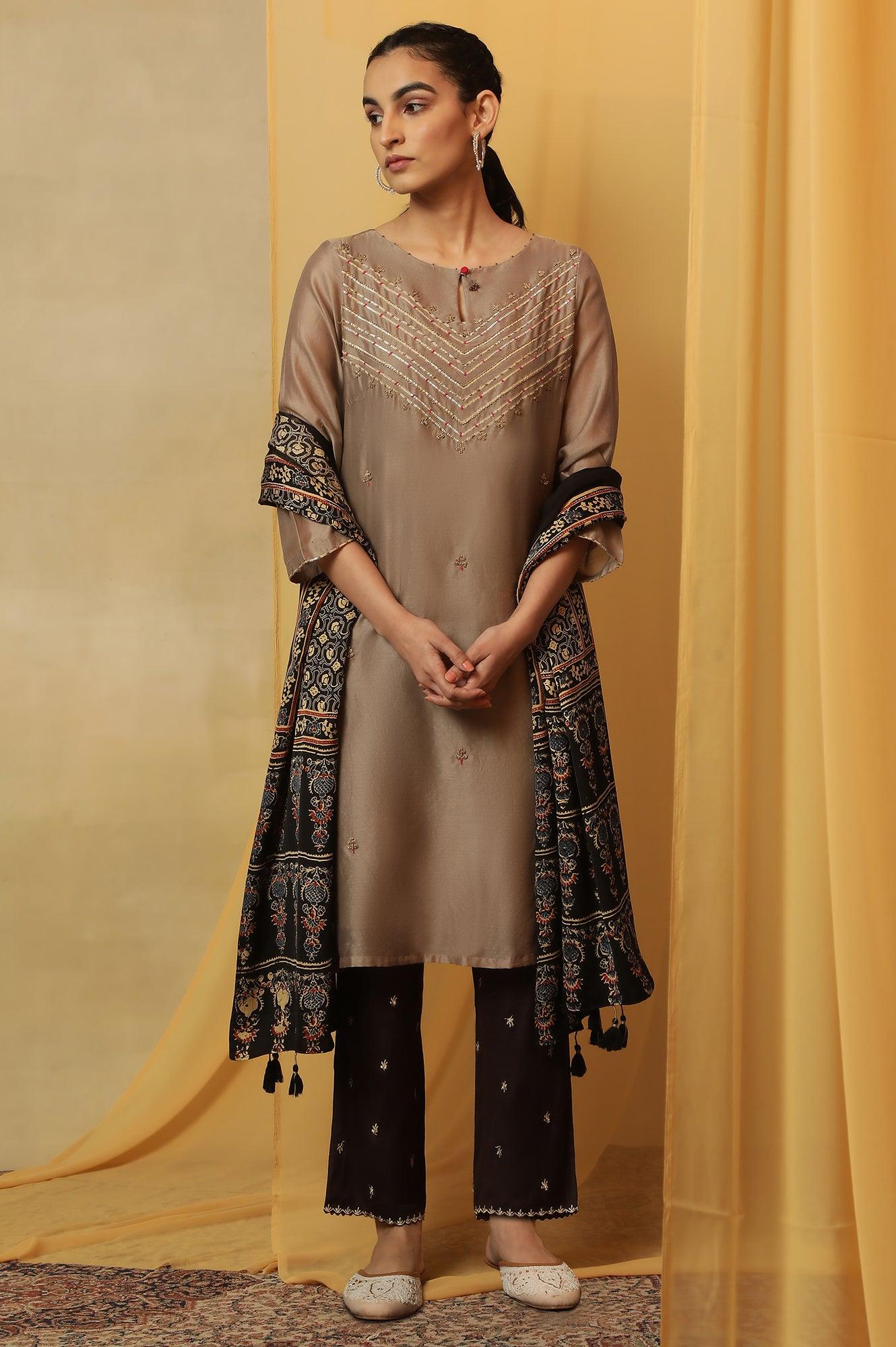 Light Grey Bead Embroidery Cotton Silk Kurta - wforwoman
