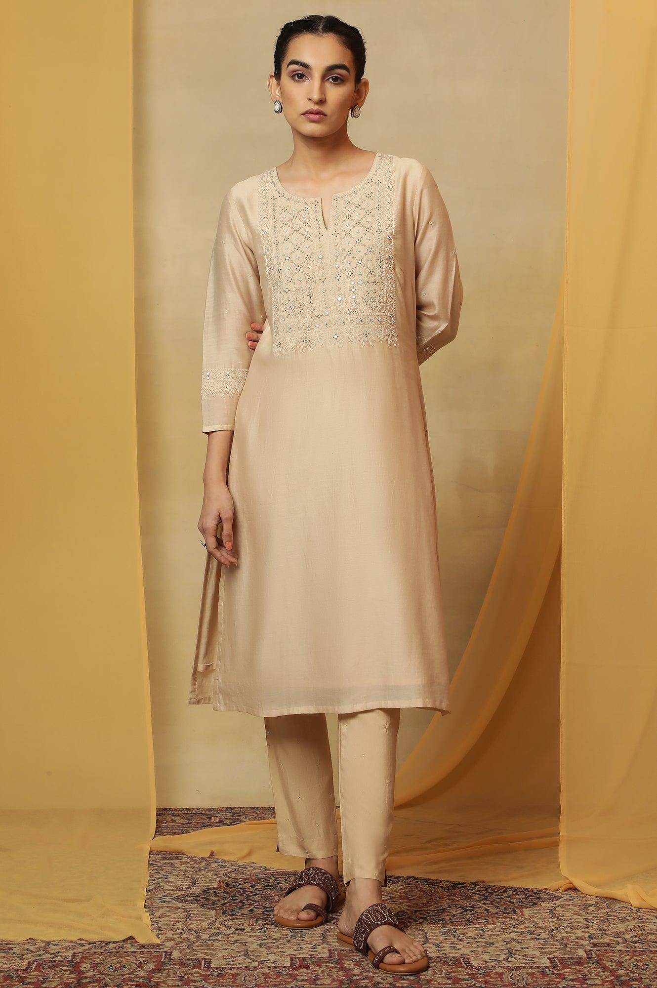 Beige Dori Embroidered Cotton Silk Kurta - wforwoman