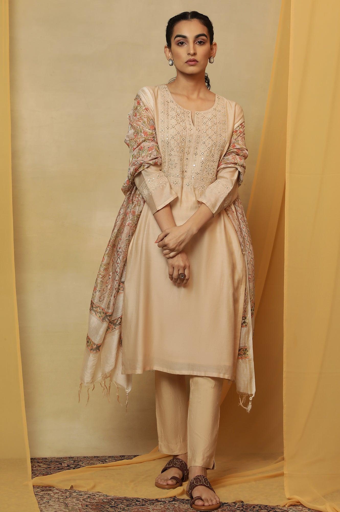 Beige Dori Embroidered Cotton Silk Kurta - wforwoman