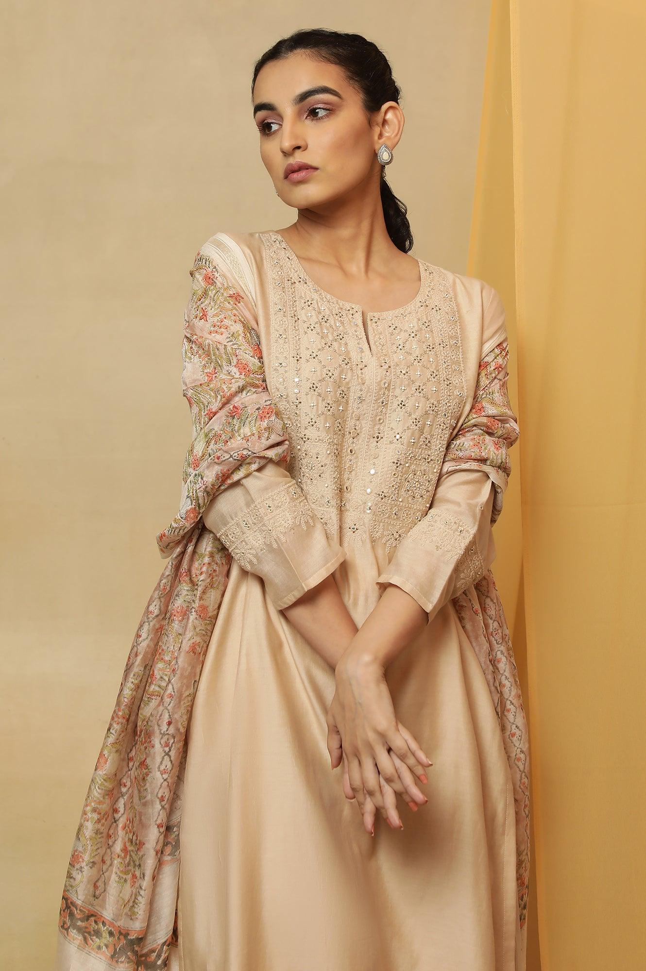 Beige Dori Embroidered Cotton Silk Kurta - wforwoman