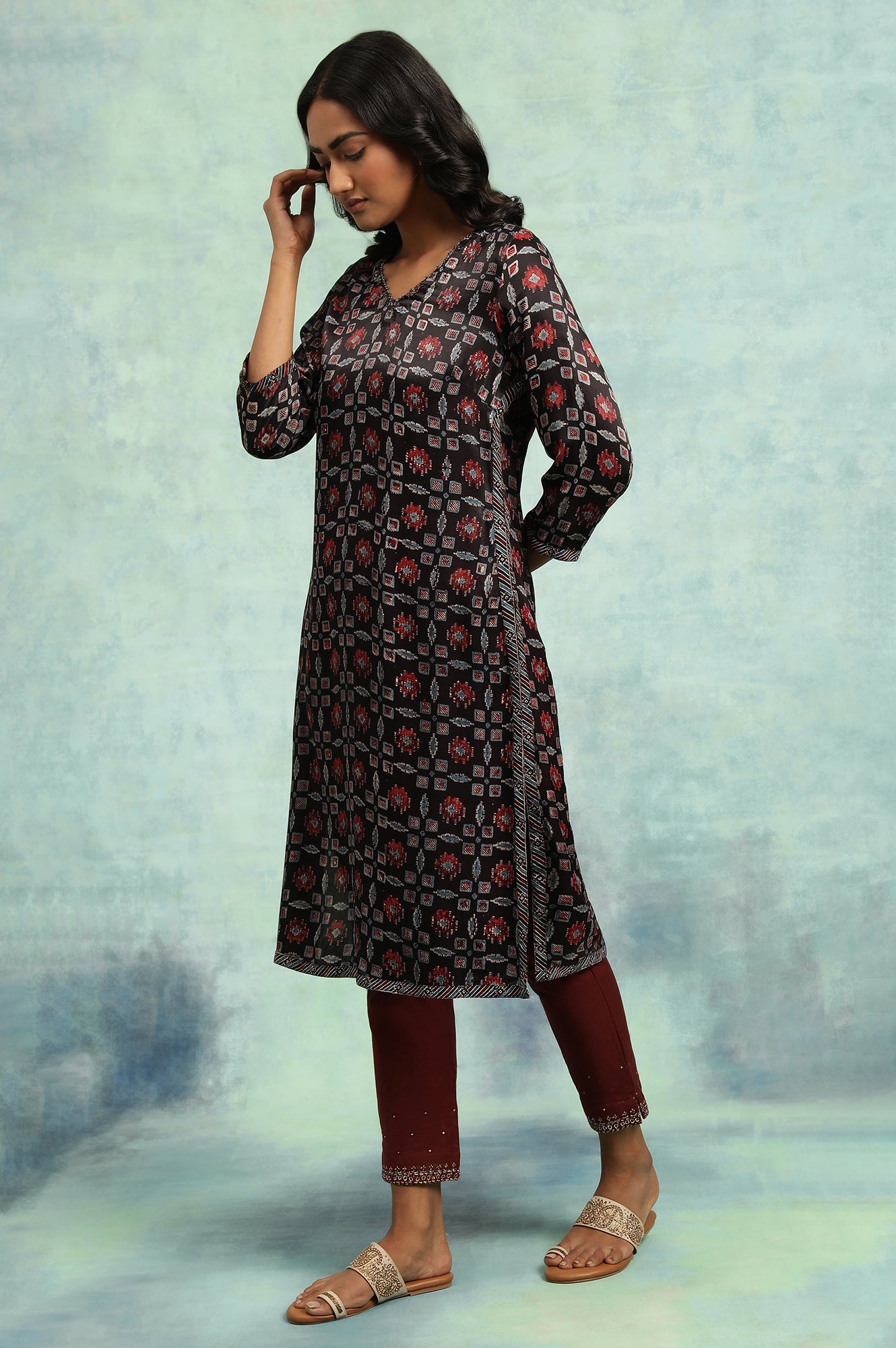 Espresso Ajrakh kurta In Lustrous Satin