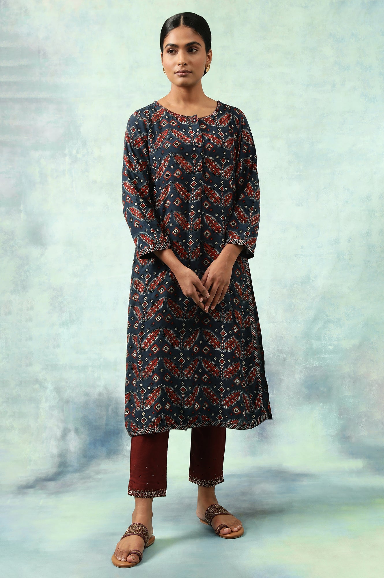 thumbnail image 2 of Sambhav Quilt Hub Women's Rayon Anarkali Kurta Set | Ajrakh Printed With Palazzo & Dupatta 2 of 9