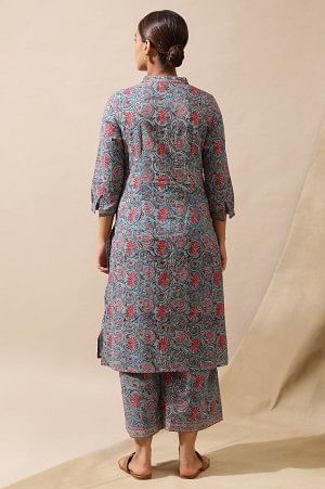 Blue Multicolored Floral Hand Block Print Kurta