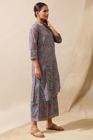 Blue Multicolored Floral Hand Block Print Kurta