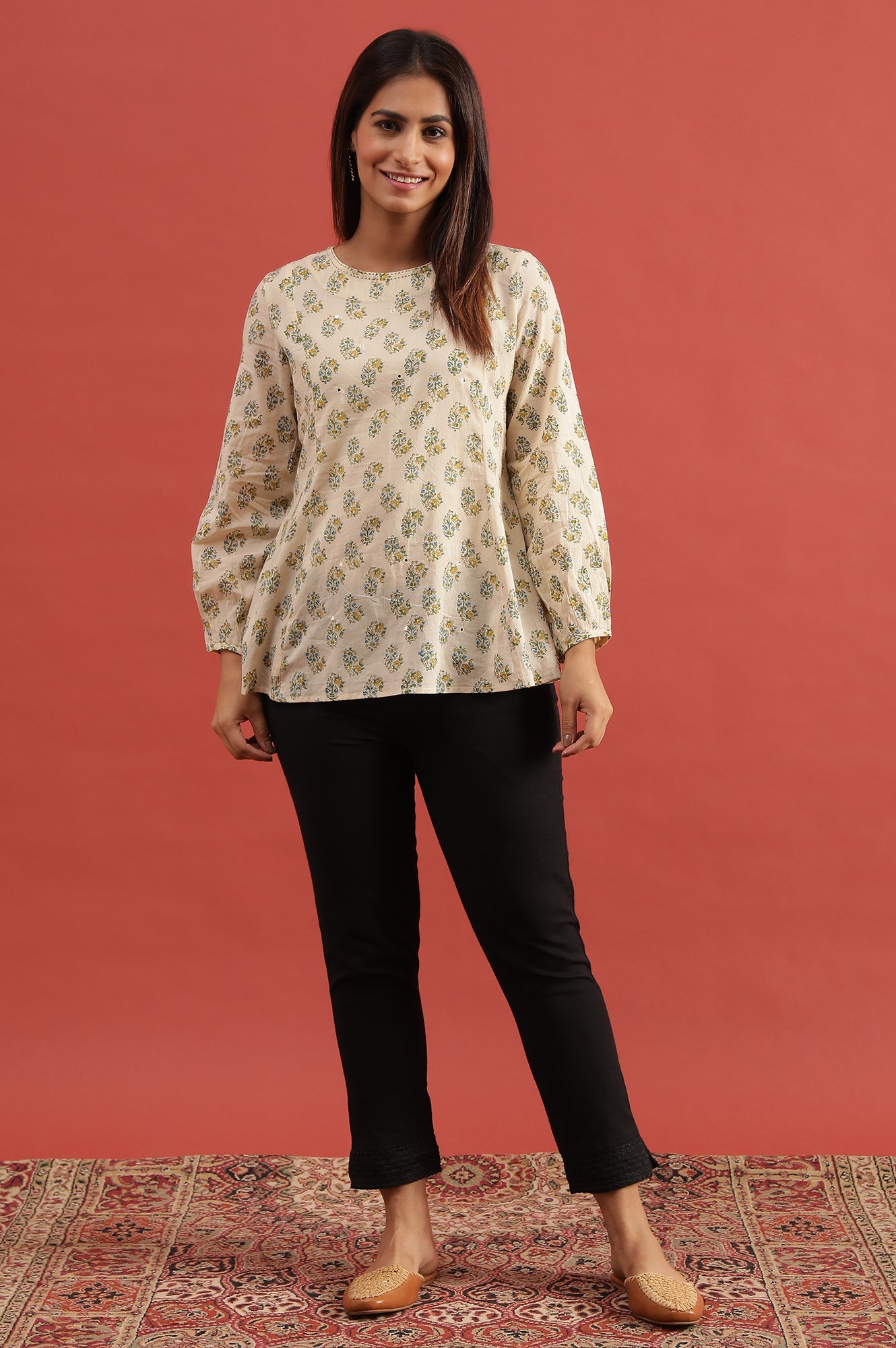 Ecru Hand Block Printed Round Neck Top