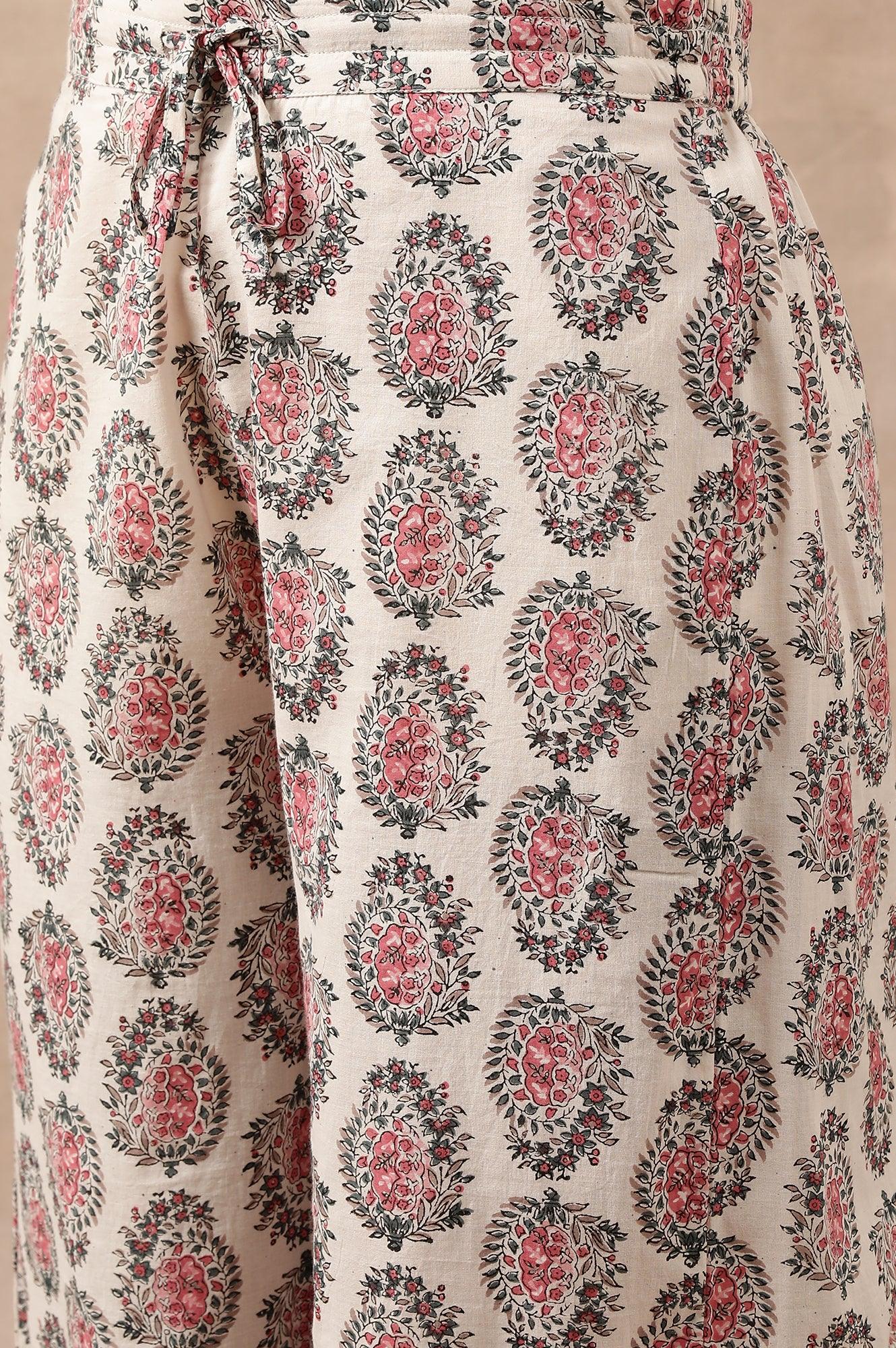 White Hand Block Buti Print Parallel Pants - wforwoman