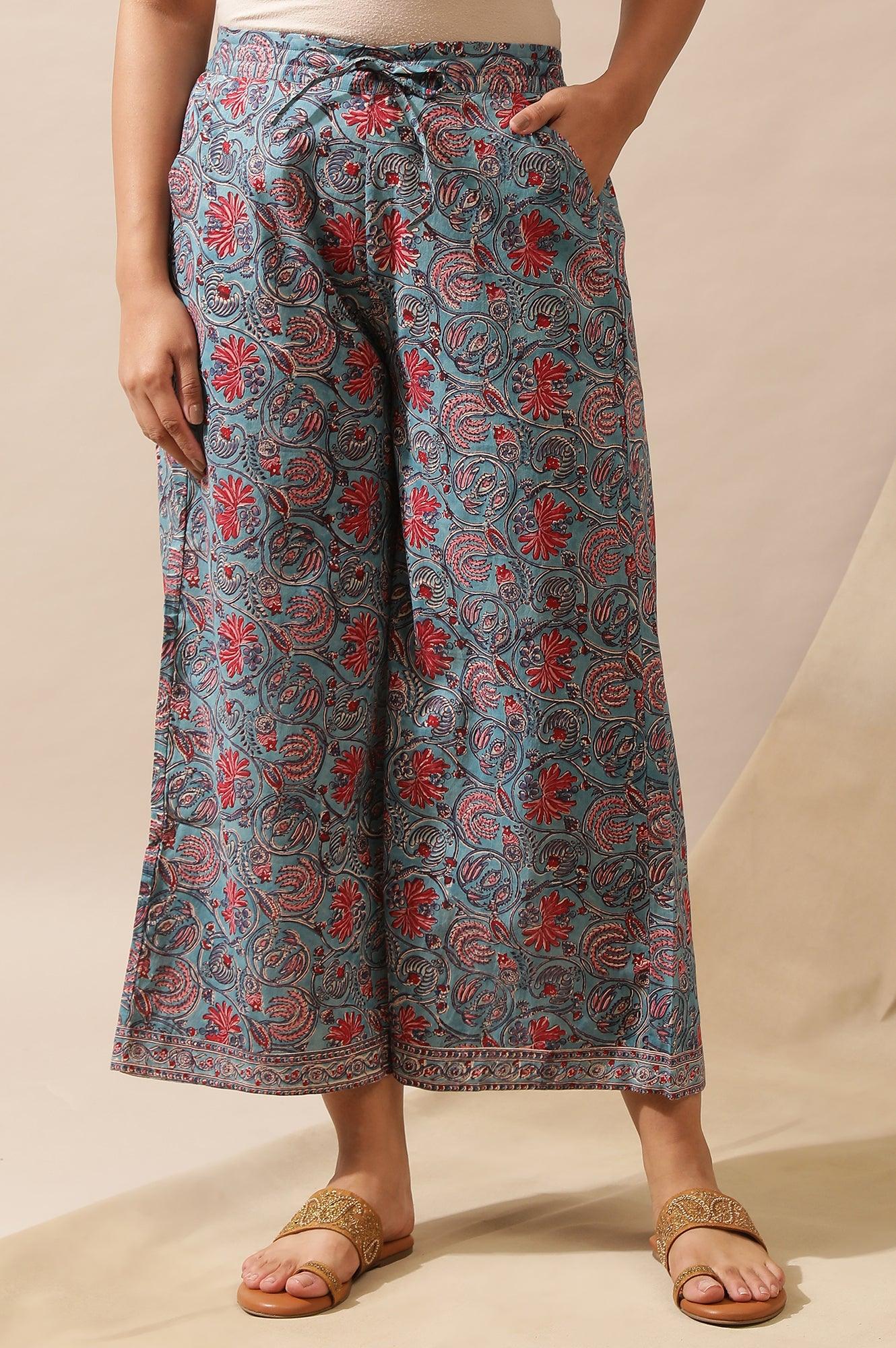 Blue Floral Multicolored Parallel Pants - wforwoman