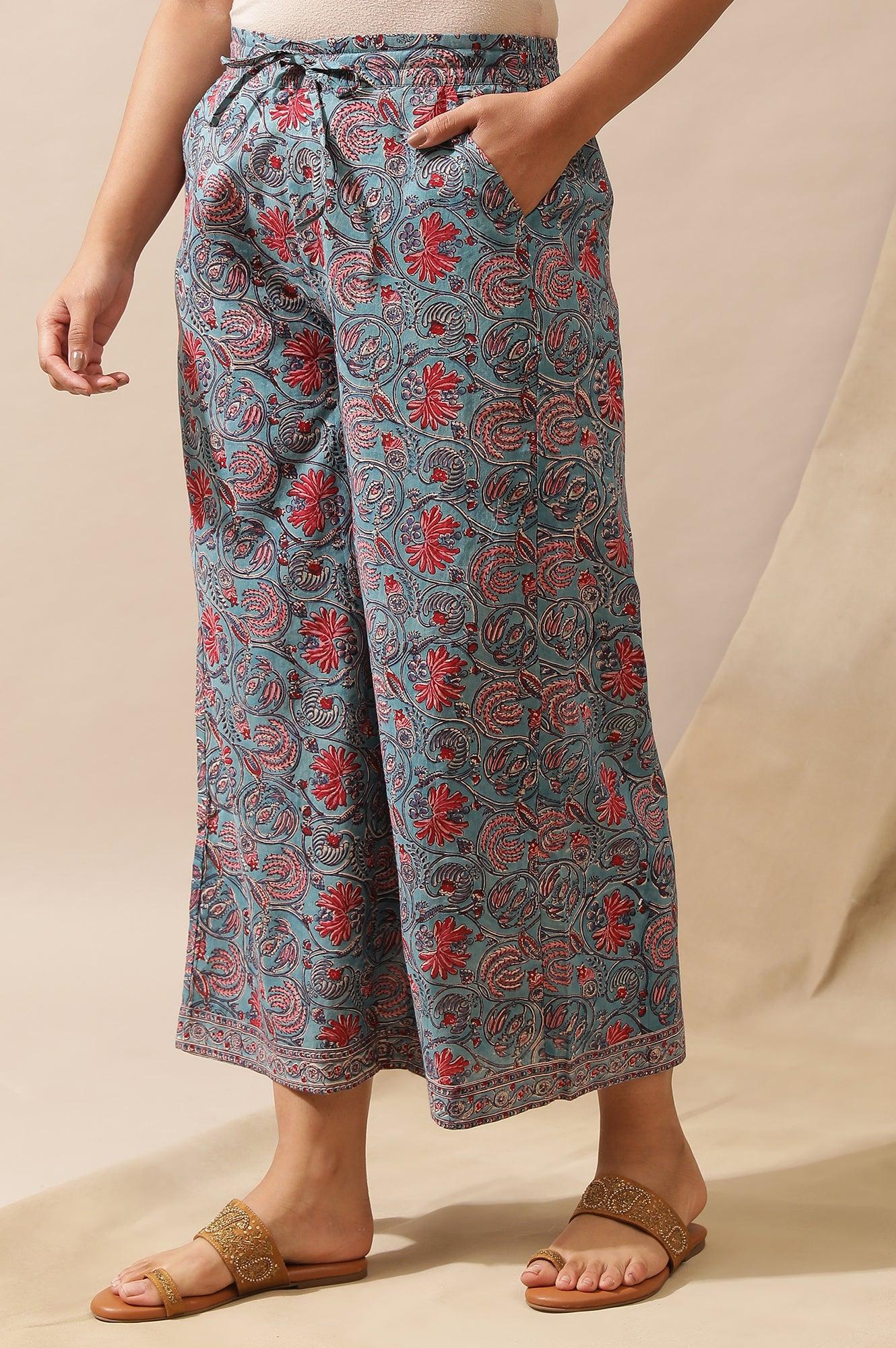 Blue Floral Multicolored Parallel Pants - wforwoman