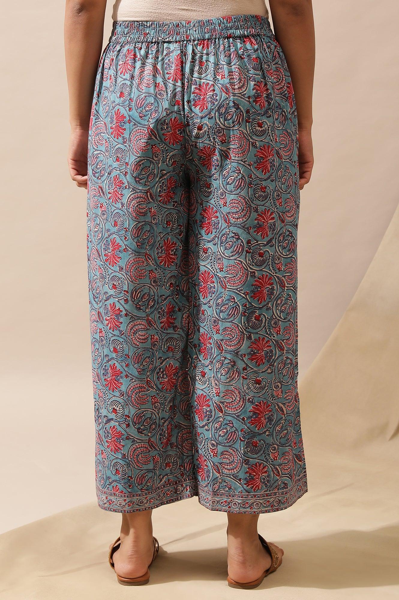 Blue Floral Multicolored Parallel Pants - wforwoman