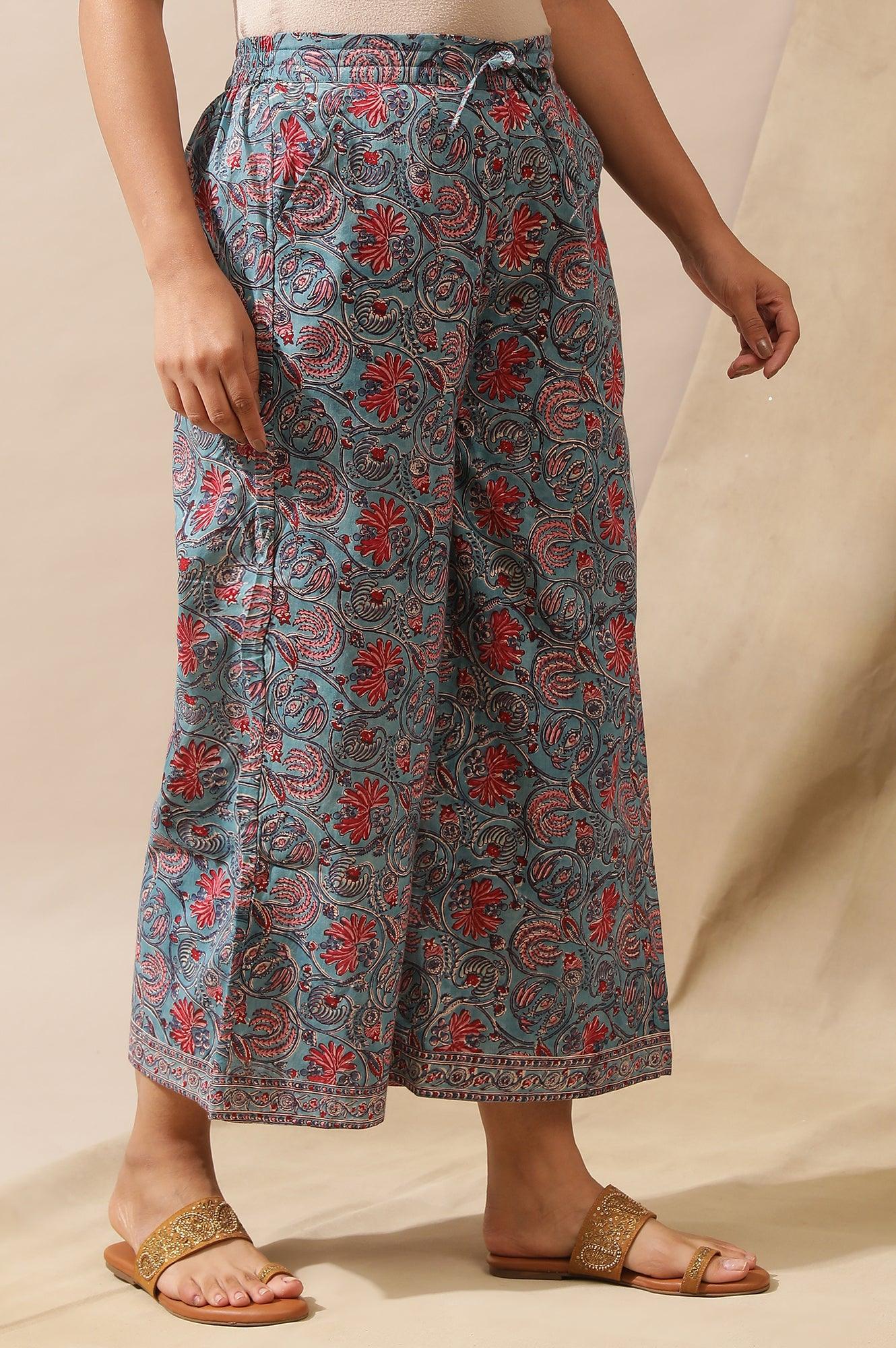 Blue Floral Multicolored Parallel Pants - wforwoman