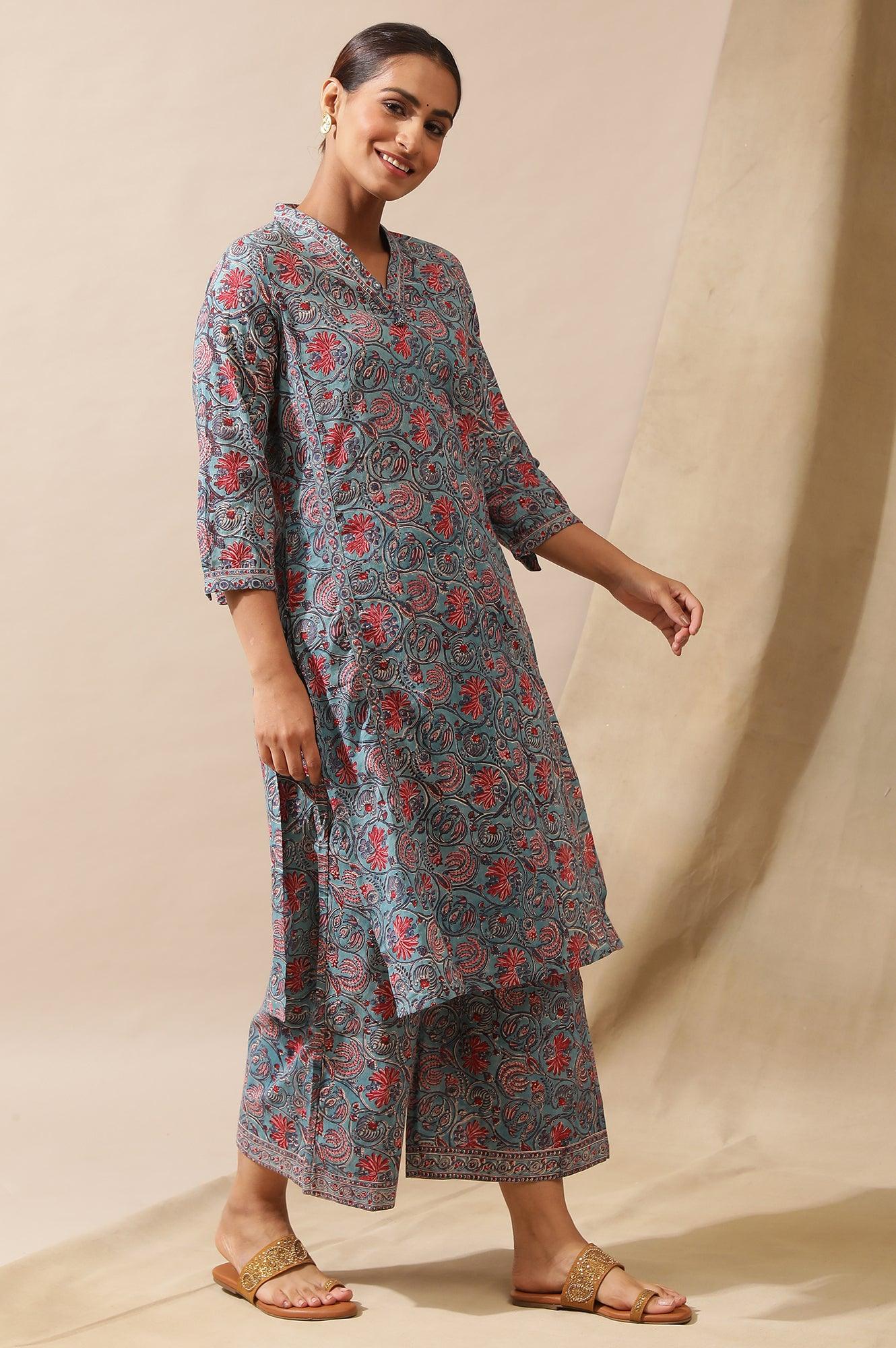 Blue Floral Multicolored Parallel Pants - wforwoman