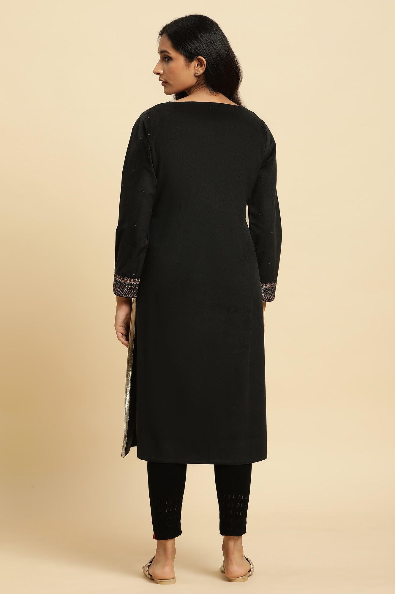 Black Velvet Embroidered Festive Winter Kurta - wforwoman