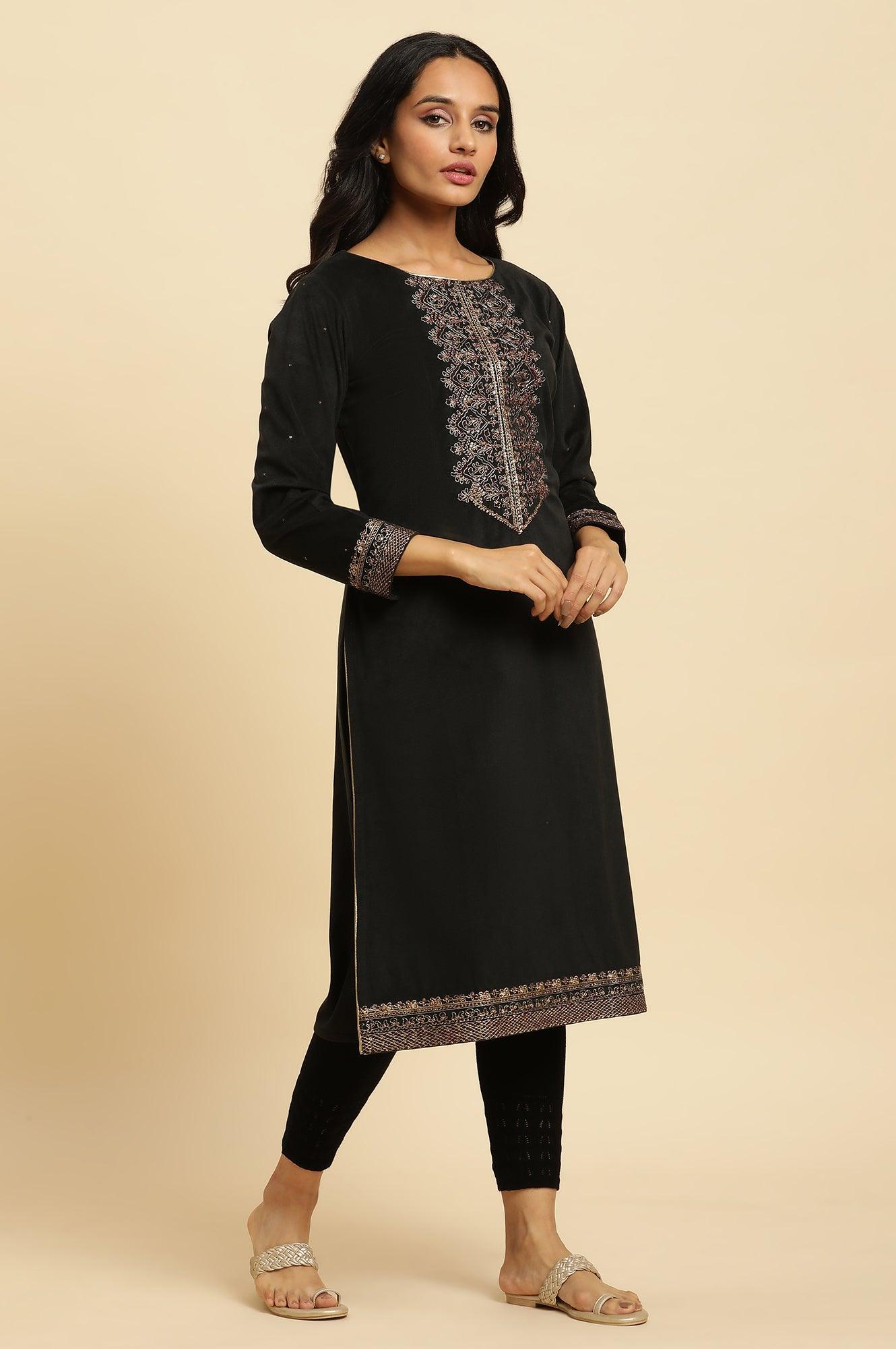 Black Velvet Embroidered Festive Winter Kurta - wforwoman