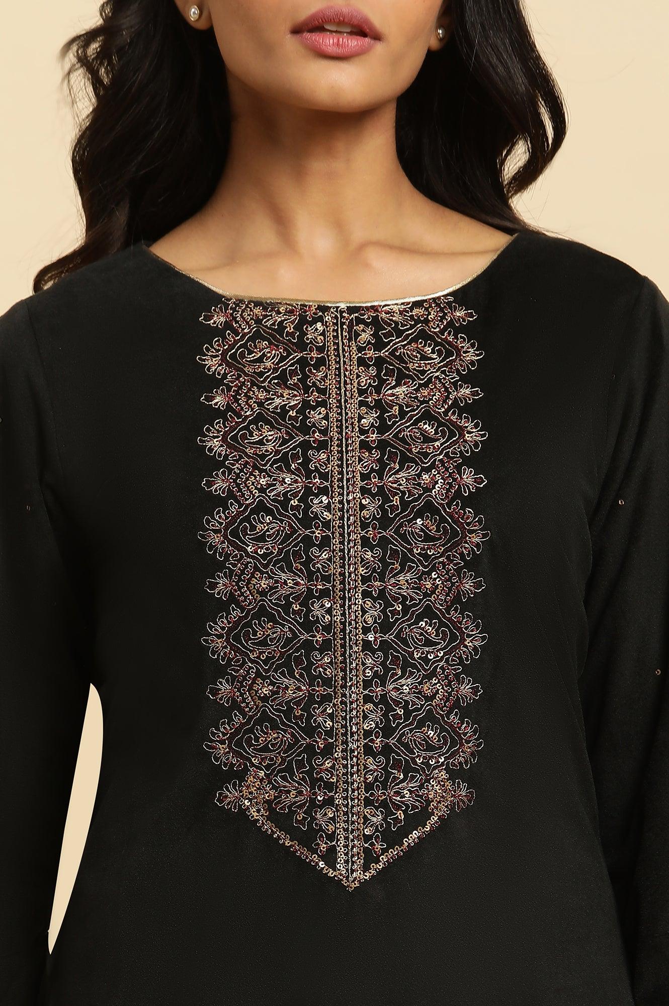 Black Velvet Embroidered Festive Winter Kurta - wforwoman