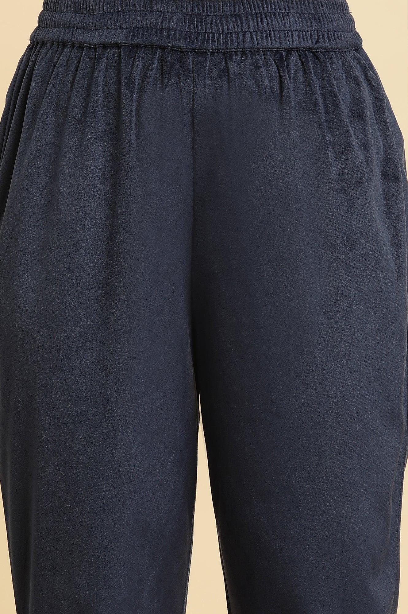 Blue Velvet Embroidered Kurta, Pants And Jacquard Dupatta Set - wforwoman