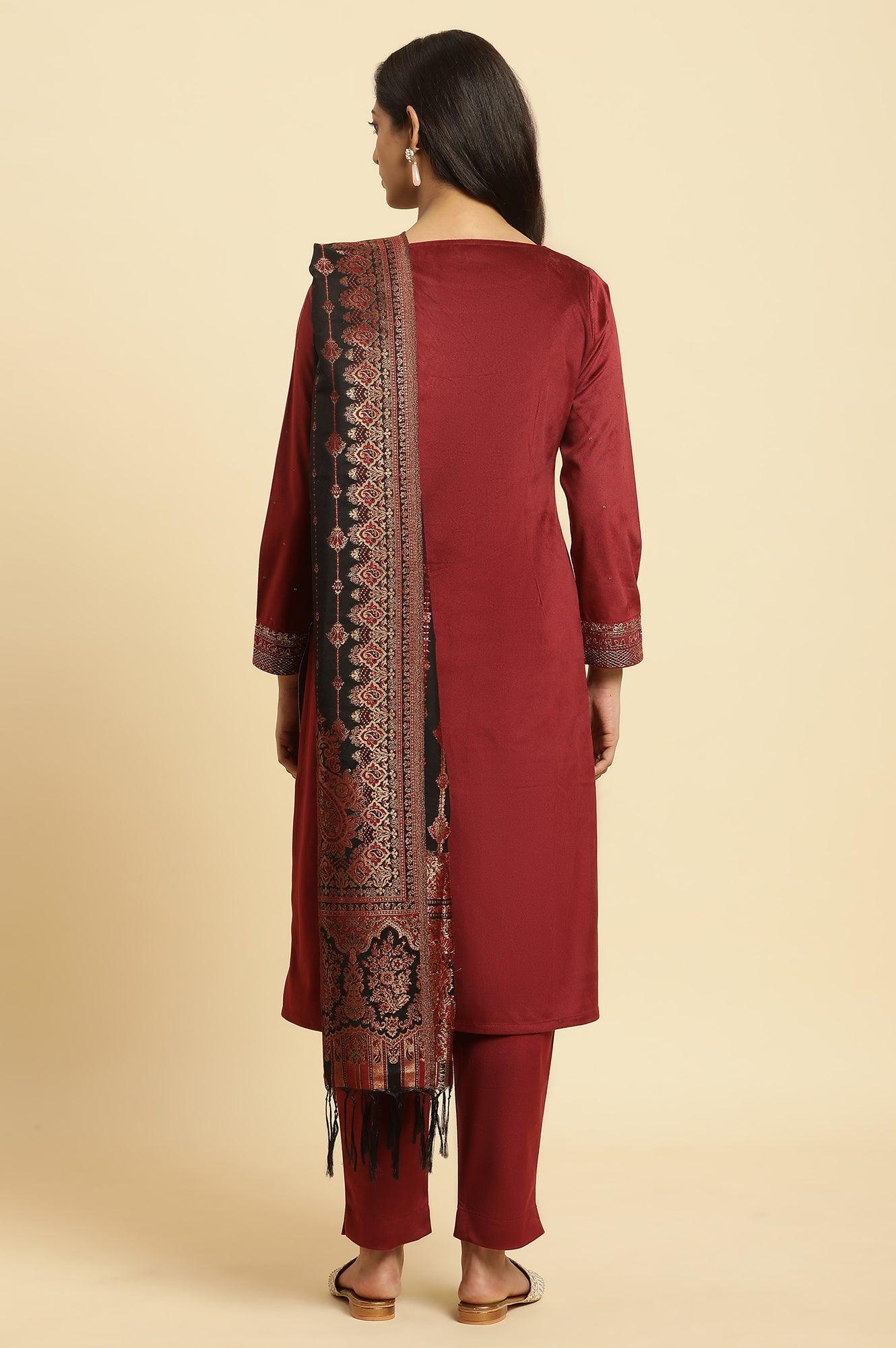 Maroon Velvet Embroidered Kurta, Pants And Jacquard Dupatta Set - wforwoman