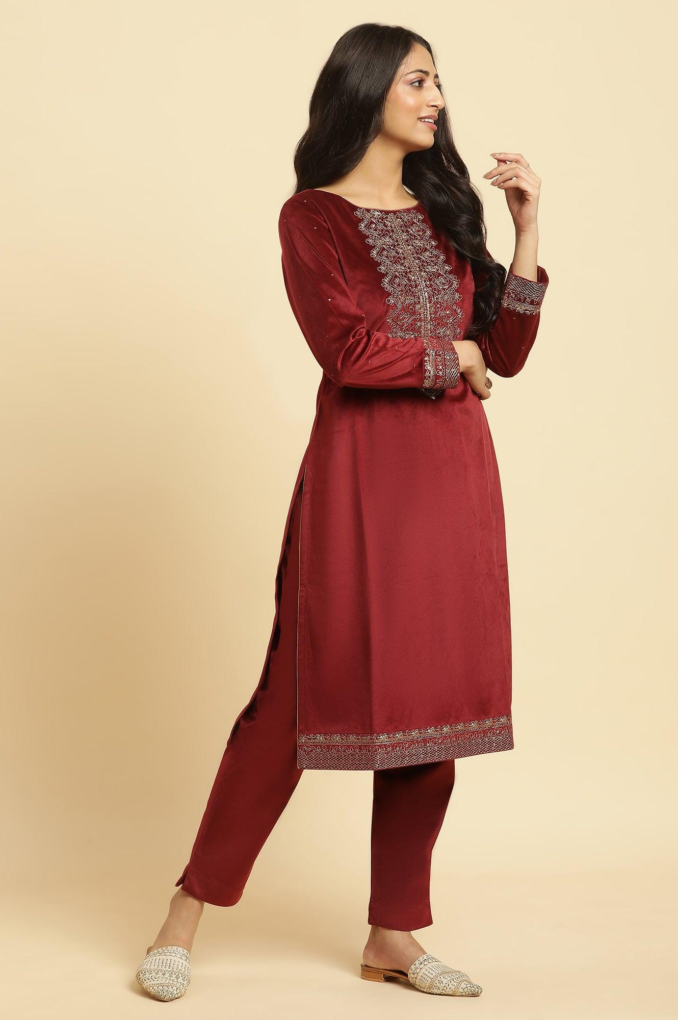 Maroon Velvet Embroidered Kurta, Pants And Jacquard Dupatta Set - wforwoman