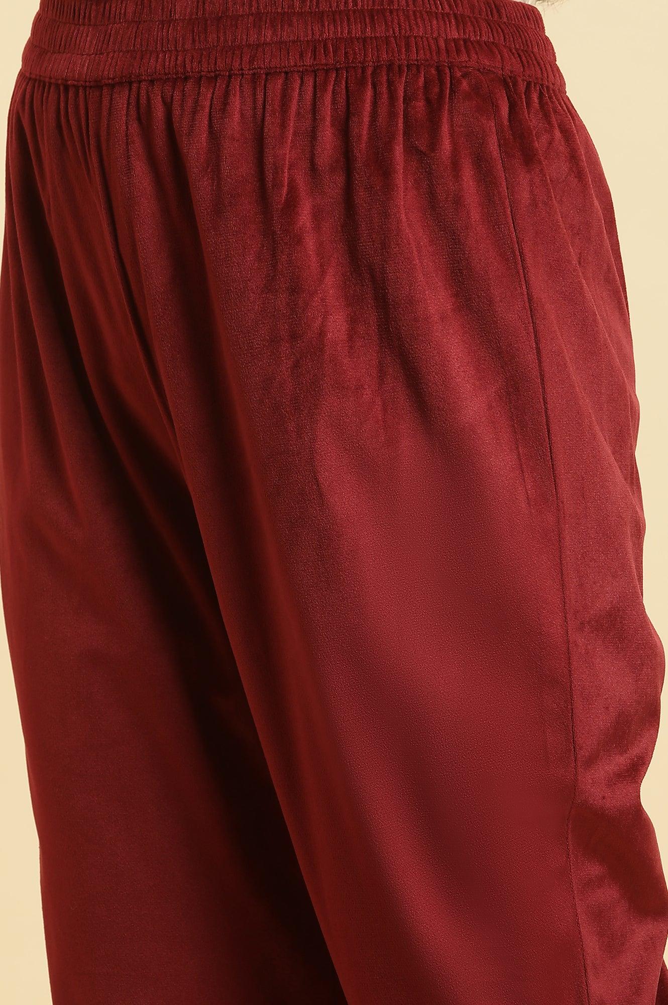Maroon Velvet Embroidered Kurta, Pants And Jacquard Dupatta Set - wforwoman