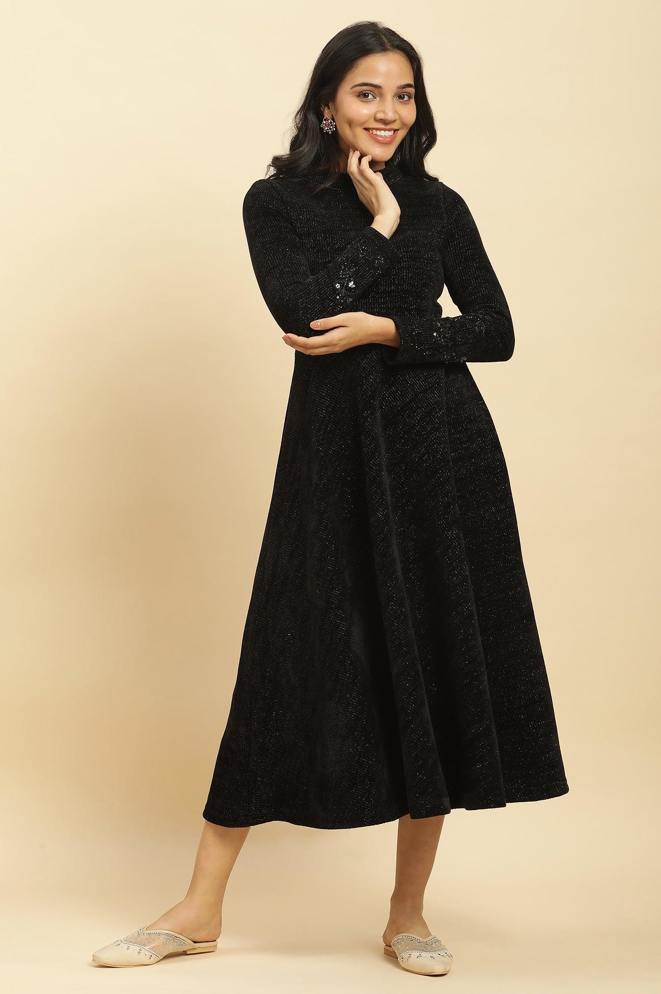 Black Knitted Circular Flared Winter Dress - wforwoman
