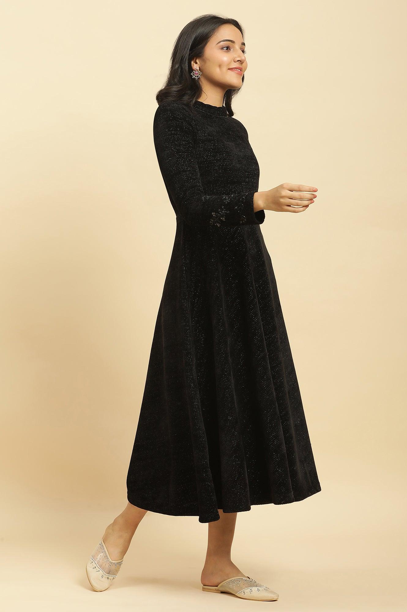 Black Knitted Circular Flared Winter Dress - wforwoman