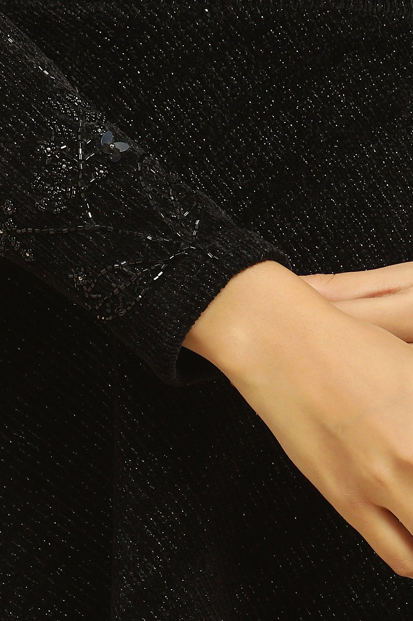 Black Knitted Circular Flared Winter Dress - wforwoman