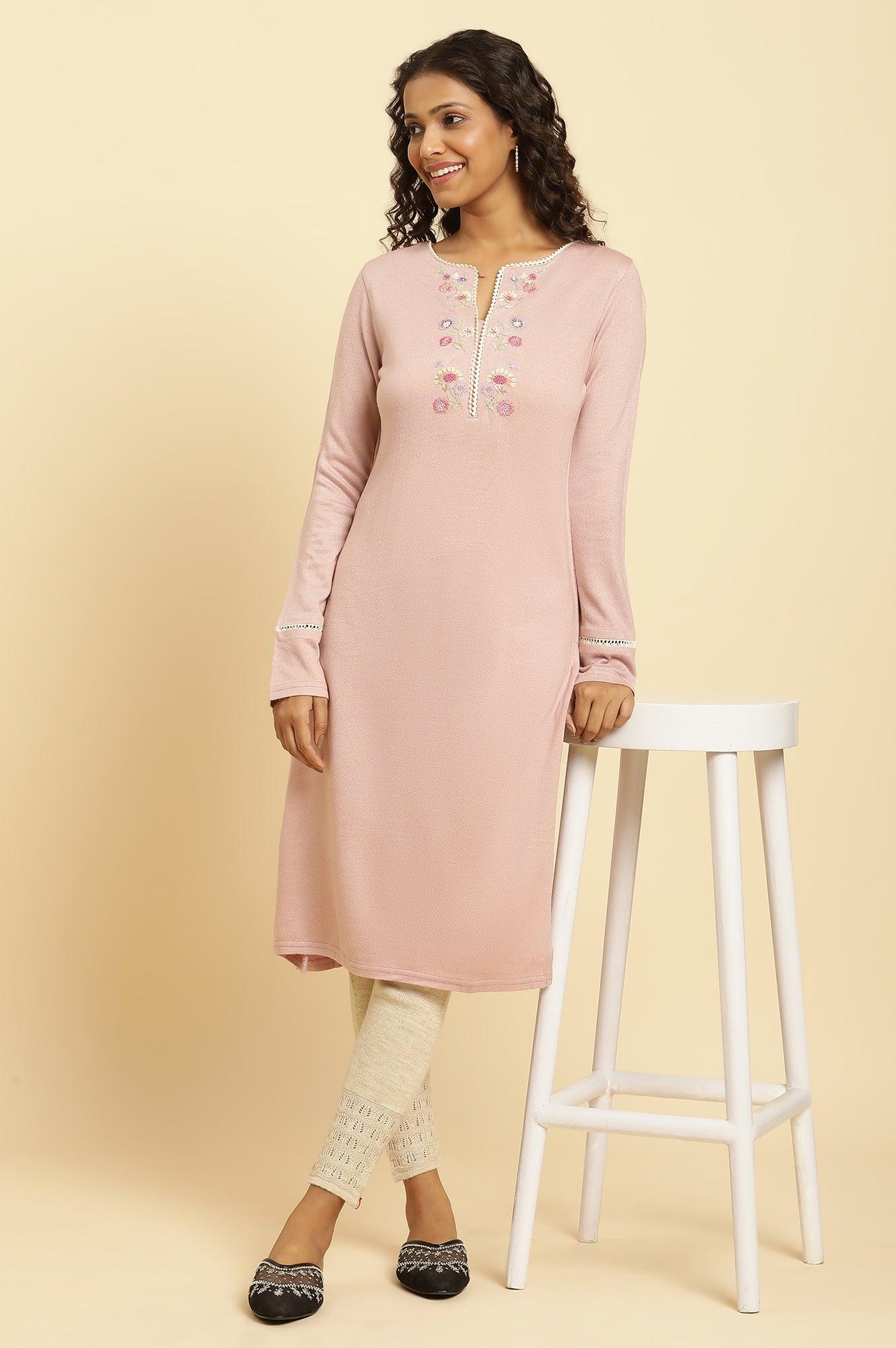 Lotus Pink Embroidered Winter Kurta - wforwoman
