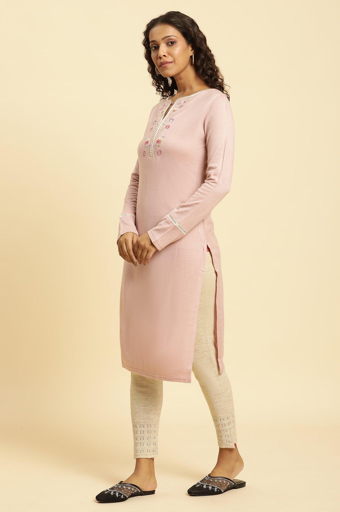 Lotus Pink Embroidered Winter Kurta - wforwoman
