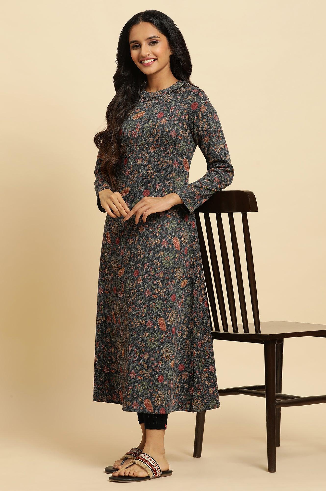 Blue A-Line Printed Winter Kurta XS - Main Image