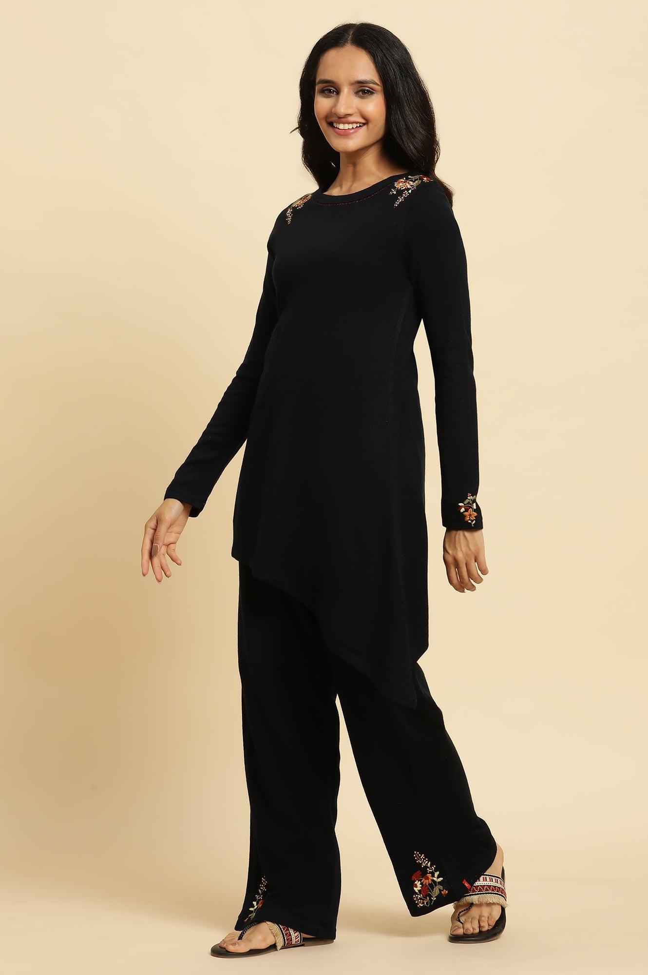 Navy Embroidered Asymmetrical Winter Kurta And Parallel Pants Set - wforwoman
