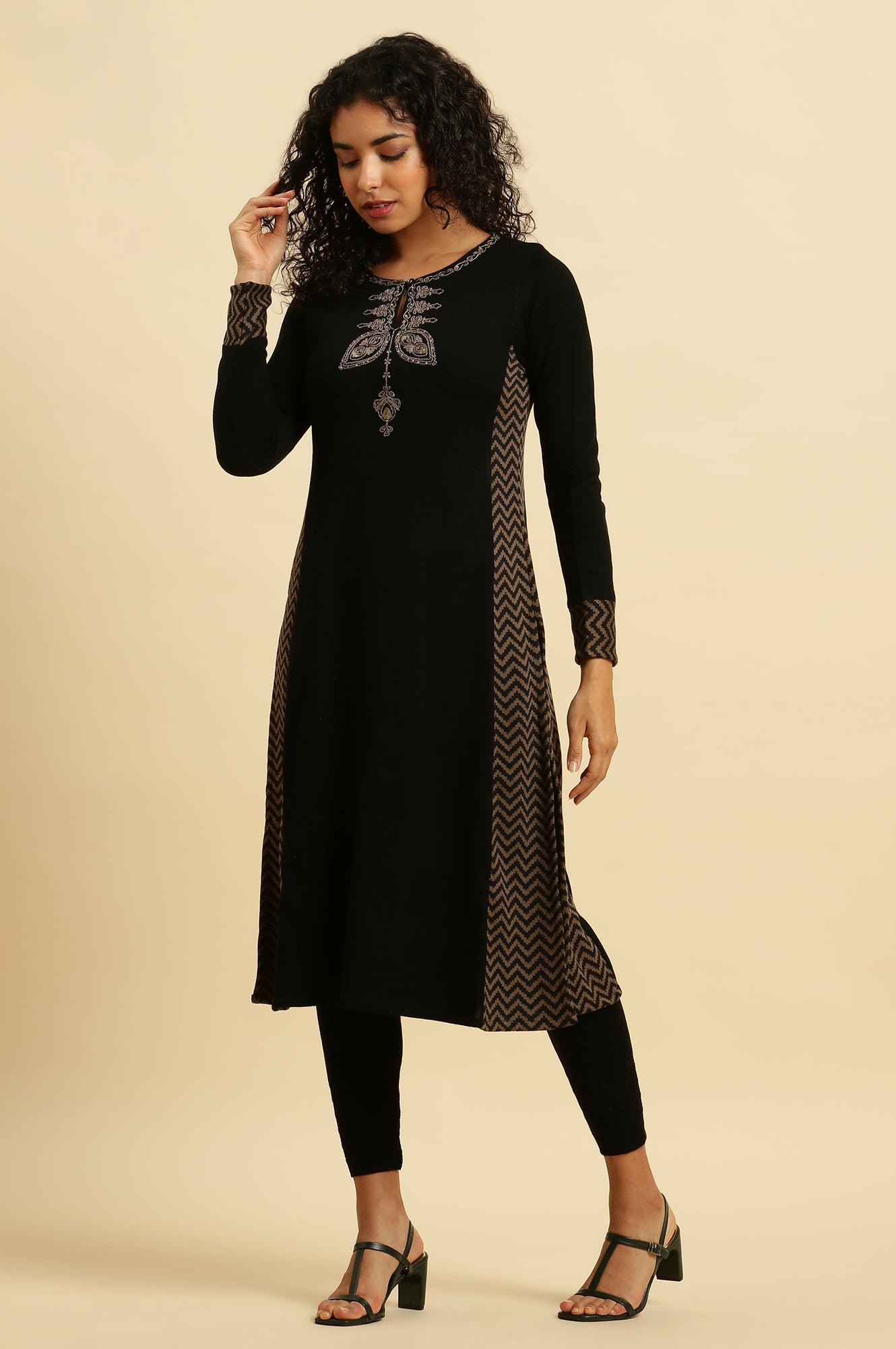 Black Embroidered Winter Kurta And Tights Set
