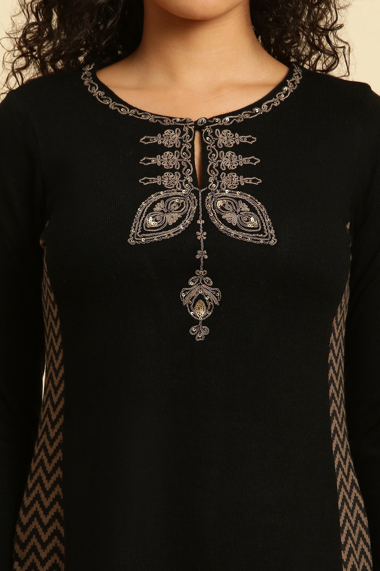 Black Embroidered Winter Kurta And Tights Set