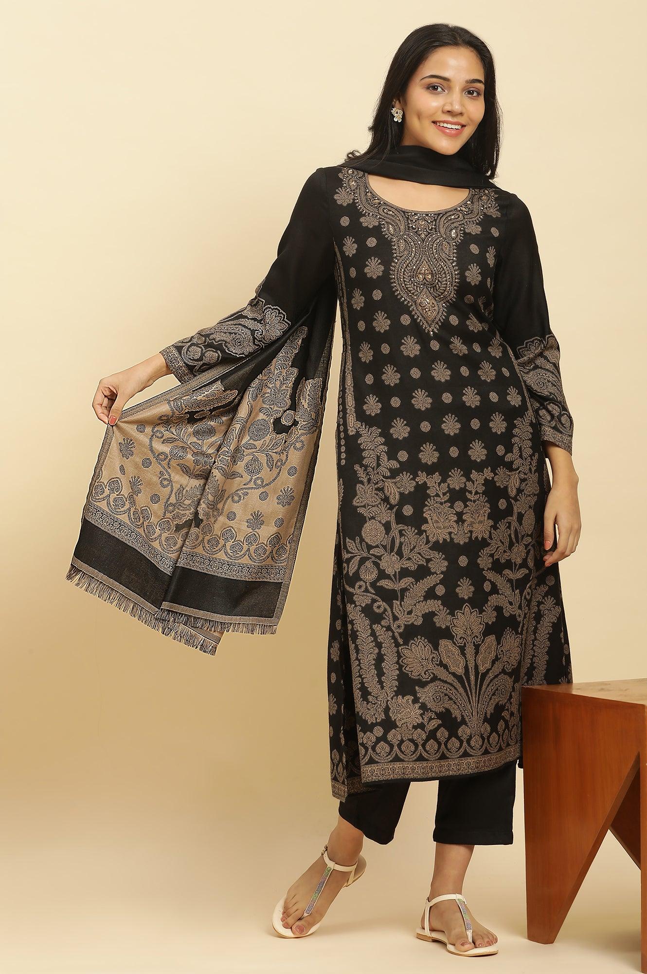 Black Jacquard Winter Kurta, Pants And Dupatta Set XS