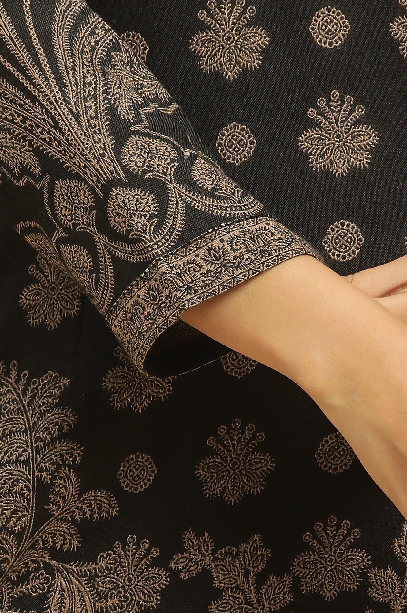 Black Jacquard Winter Kurta, Pants And Dupatta Set - wforwoman