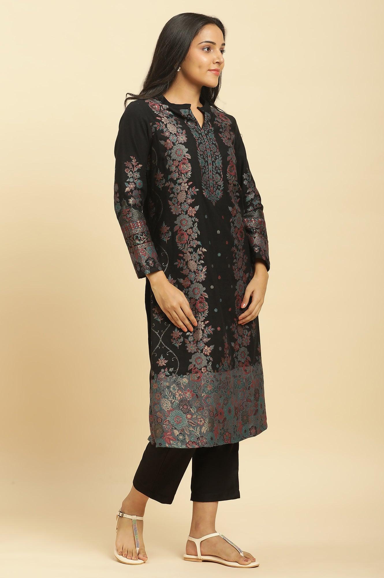 Black Paisley Yoke And Gold Zari Winter Kurta, Pants And Shawl Set - wforwoman