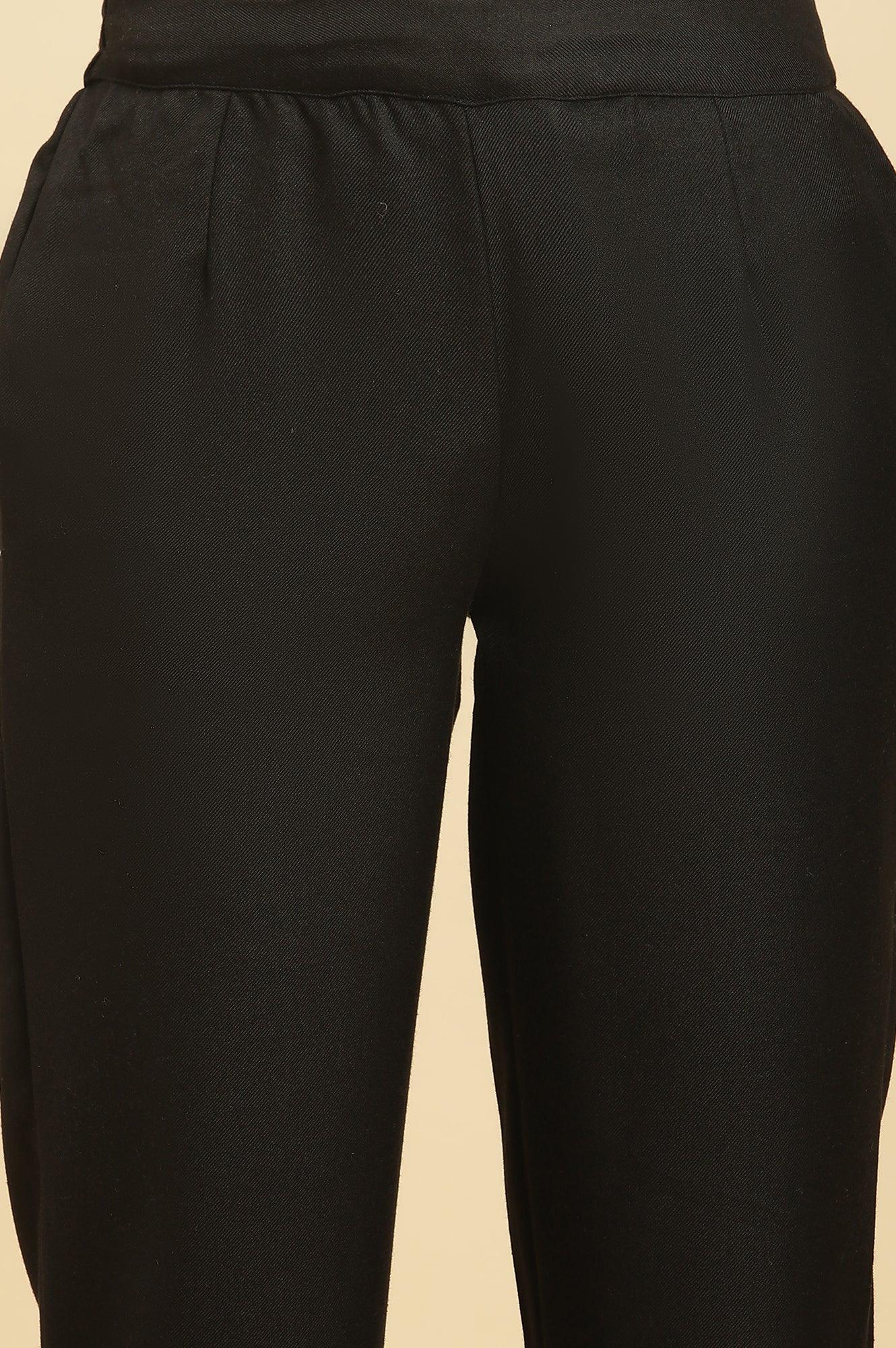 Black Paisley Yoke And Gold Zari Winter Kurta, Pants And Shawl Set - wforwoman