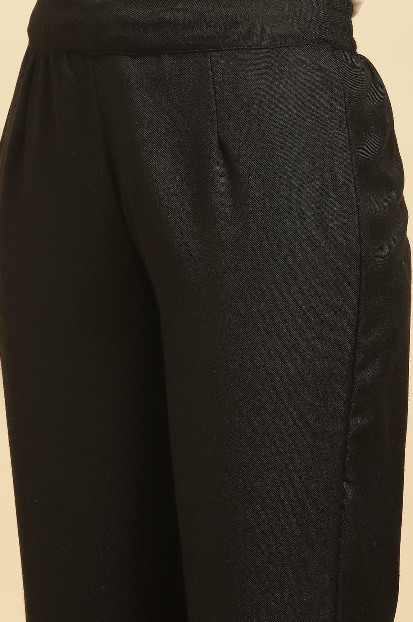 Black Paisley Yoke And Gold Zari Winter Kurta, Pants And Shawl Set - wforwoman